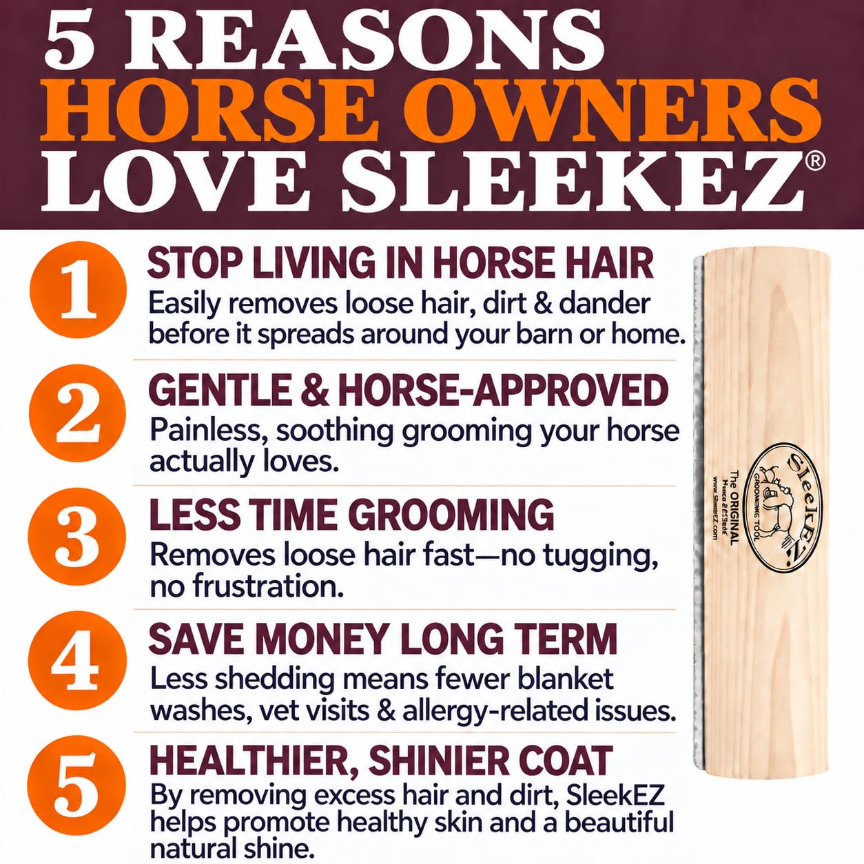 SleekEZ 10 Inch Horse Brush – Patented Horse Shedding Blade Made in USA - Removes Loose Hair & Undercoat - Deshedding Tool for Donkeys, Cows & Large Animals - Helps Reduce Seasonal Shedding view 2