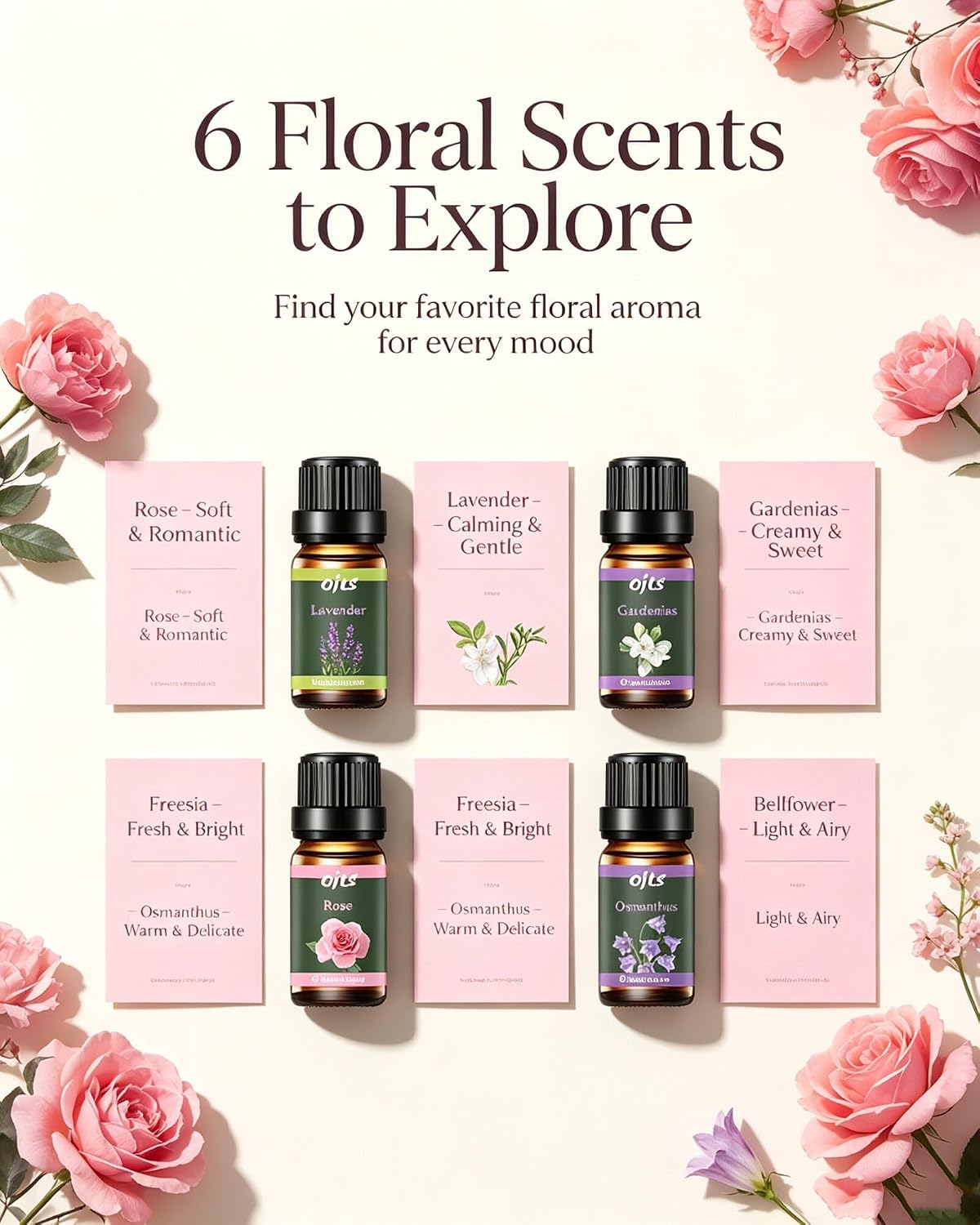 Fragrance Oil Refill for Waterless Diffuser, Floral Essential Oils, 6 Pack