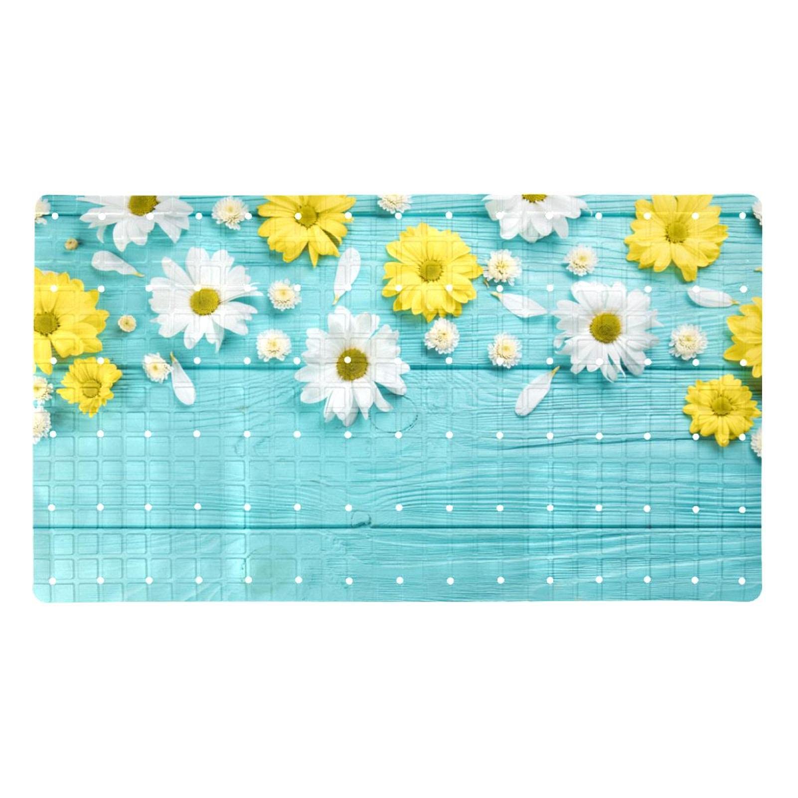 Tapis de baignoire antidérapant à ventouses et motif fleurs jaunes lavable en machine