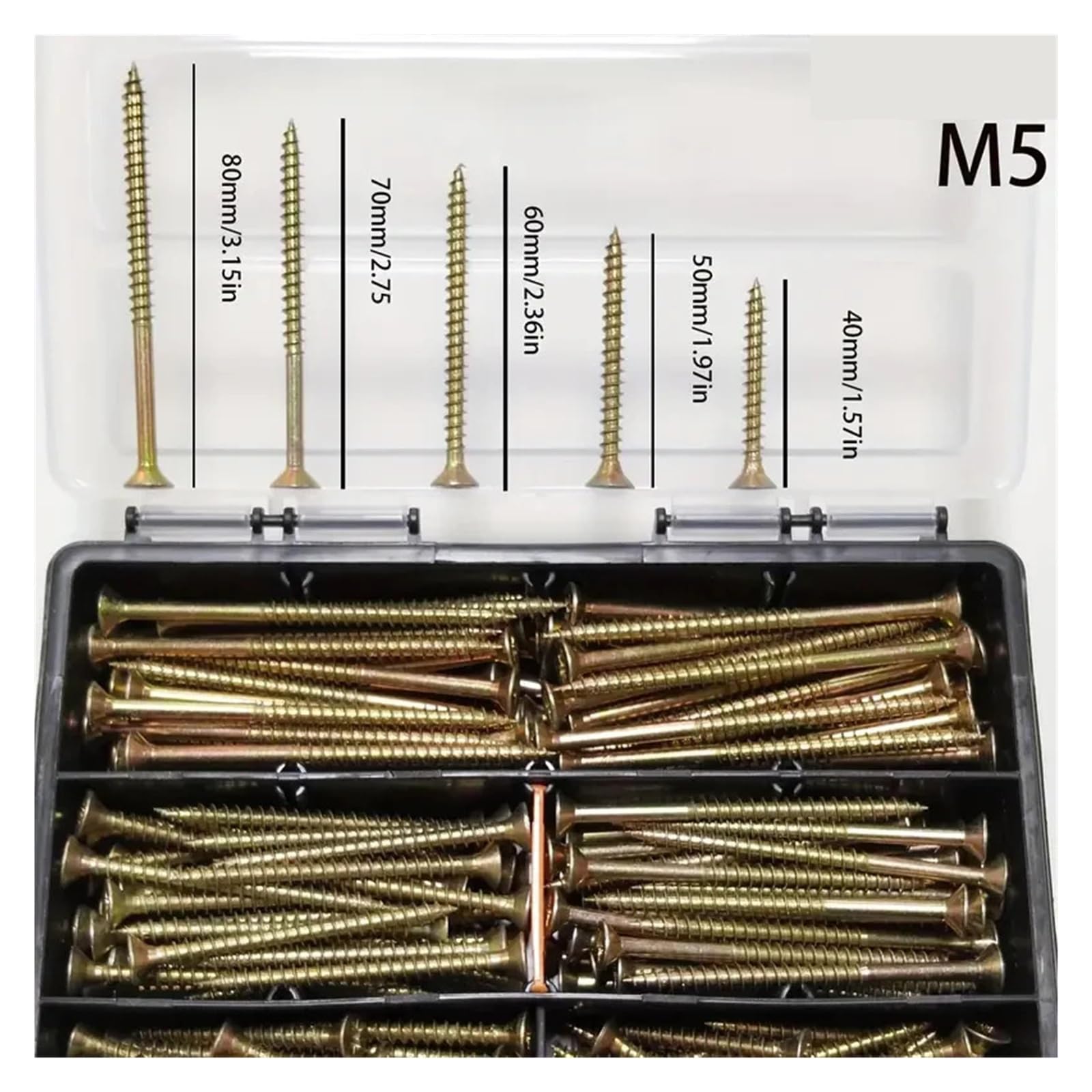 M5, set di 220 viti for legno a testa piatta, zincate gialle, autofilettanti, svasate, completamente filettate, adatte for cartongesso/cartongesso