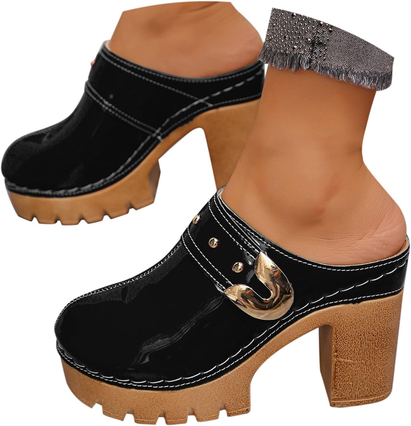 Womens Platform Mules Pumps Round Closed Toe Block Heel Mule Wide Fit Chunky High Heeled Slip on Slippers Sandals & Slides Clogs Shoes Sandles Footwear UK