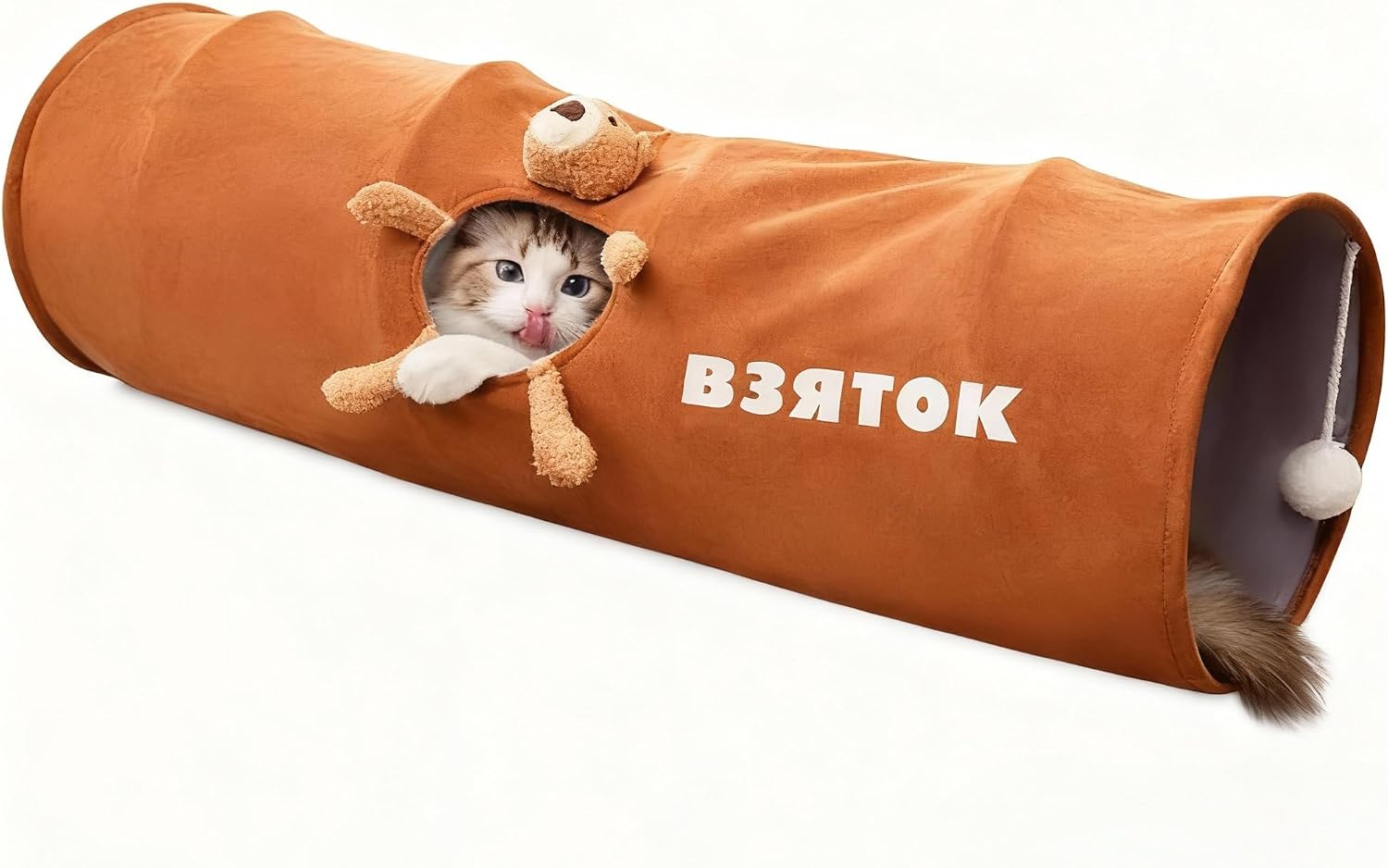 Cat Tunnel for Indoor Cat Tube Collapsible Cat Tunnel Bed with Hanging Ball,Play Tunnel for Kitten,Kitty,Puppy,Rabbit,Funny Interactive Cat Toy Gift for Cat Lover(Bear,47.2″x10″x10″)