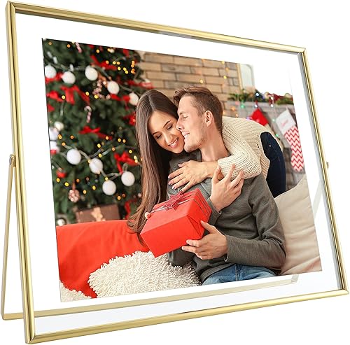 Marco flotante dorado, 8 x 10 pulgadas, horizontal, para fotos de 7 x 9, 6 x 8, 5 x 7, marco de fotos de estante de mesa, elegante para Navidad,