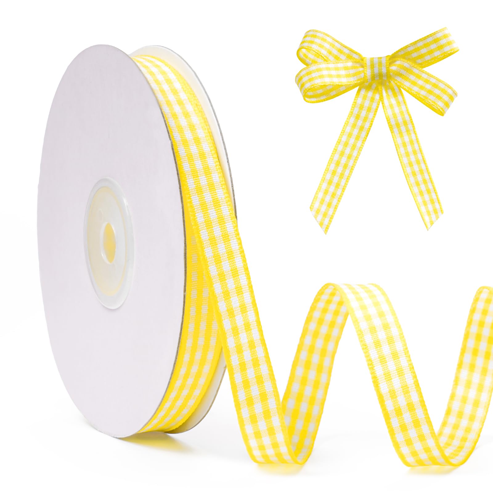 FAKILO Yellow Gingham Ribbon 10mm X 22m Yellow and White Buffalo Plaid Check Ribbon for Gift Wrapping DIY Crafts Hair Bows Country-Themed Party and Home Decor