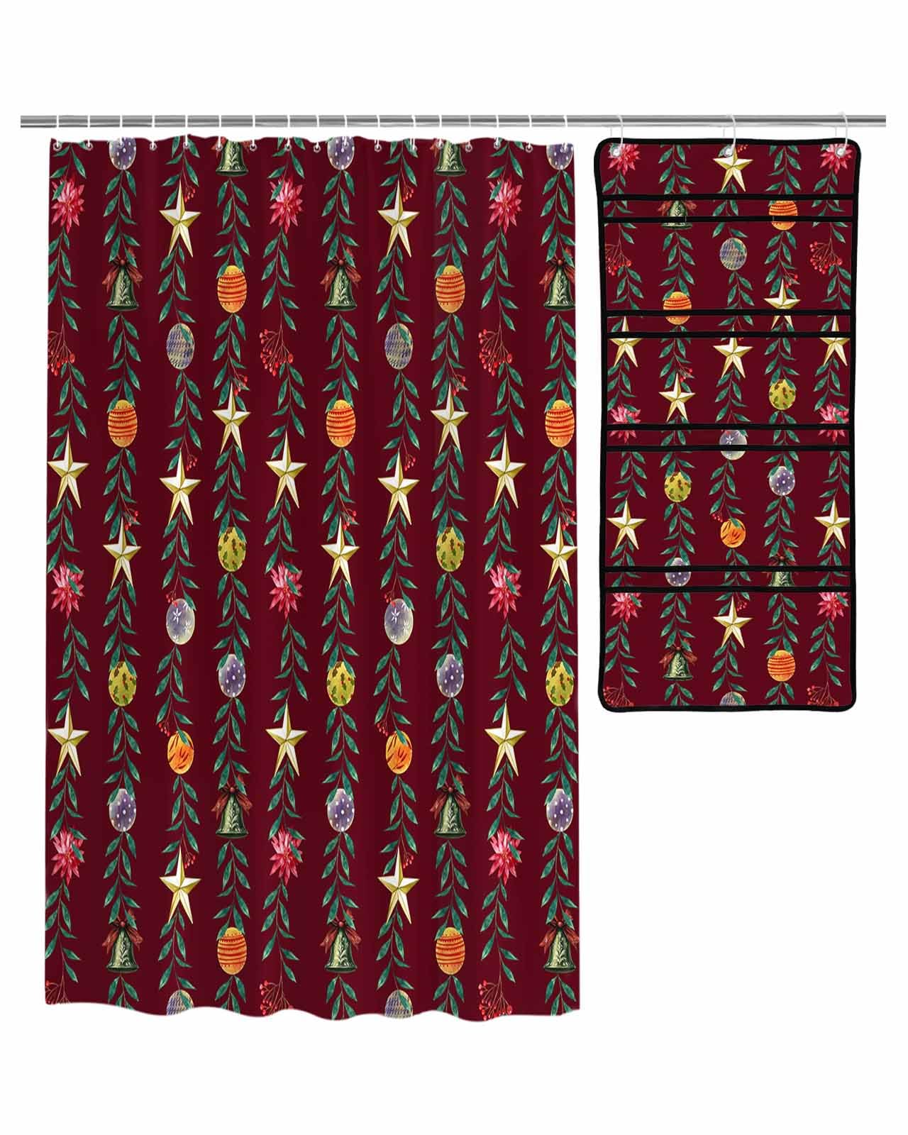 ZFUNCING Shower Curtain Mesh Shower Organizer Set Christmas Leaf Star Colorful Ball Waterproof Bath Curtains Hanging Shower Caddy