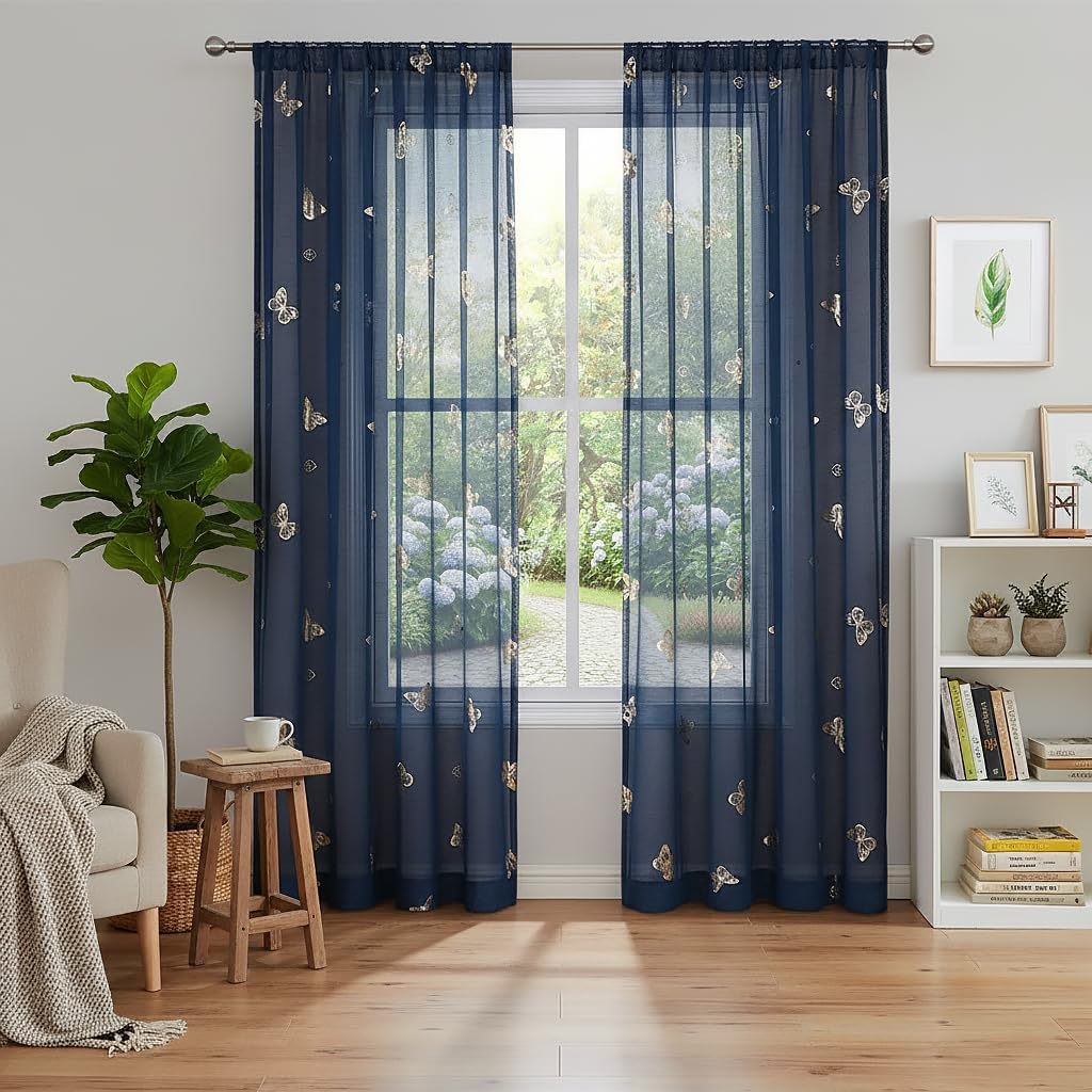 Jubilantex Butterfly Sheer Curtains Navy Blue Drapery with Gold Print Pattern 95 Inch Long, Kids Nursery Bedroom Voile Linen Textured Curtain Rod Pocket Window Drapes, 2 Panels
