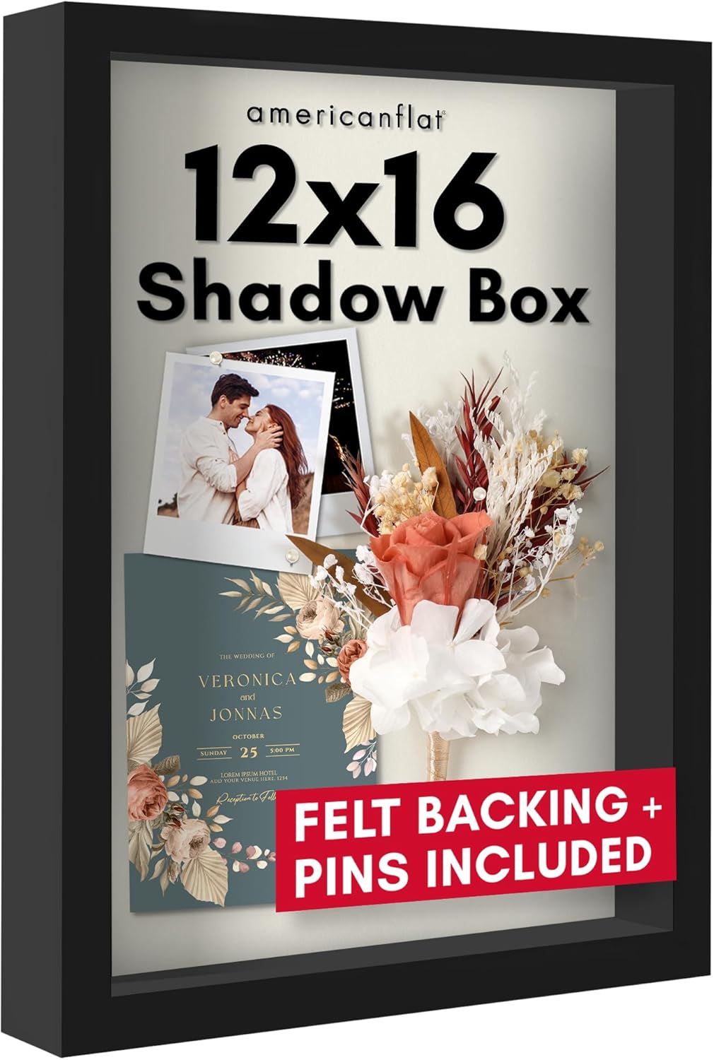 Americanflat 12x16 Shadow Box Frame with Polished Plexiglass - Silhouette Collection - Large Shadow Box Display Case for Tabletop and Wall Display - Black with Soft Felt Back Black 12x16
