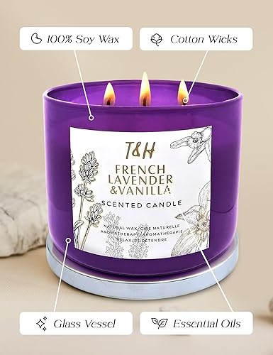 Miniatura 5 de Vela de aromaterapia de vainilla y lavanda de 3 mechas | Velas perfumadas para el hogar | Vela de soja grande de 15.8 onzas | Velas relajantes con
