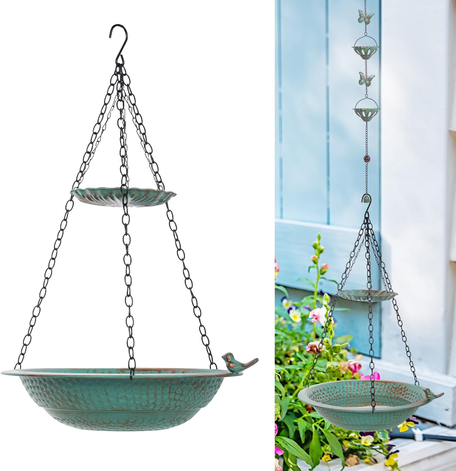 13 inch Rain Chain Basin, Metal Rain Chains Anchoring Bowl Dish, DIY Rain Chain Basin for Gutter Downspout, 2 Layer Hanging Birdbath for Outdoor Garden Patio Decor