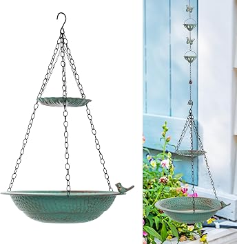 Green 12FT Butterfly Rain Chains and 13 inch Rain Chain Basin Combo, Replacement for Gutter Downspout