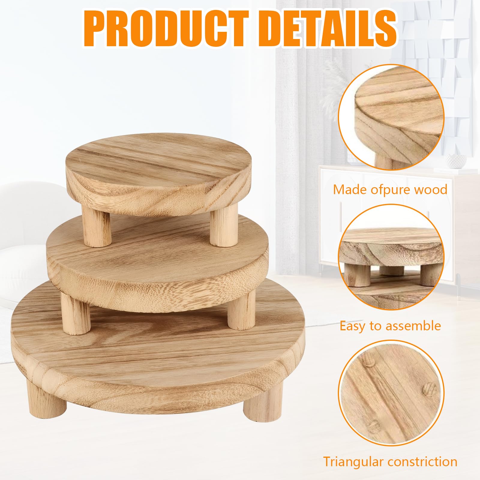 Taburete para Plantas, 3 Piezas Soporte Elevador de Plantas de Madera con Tres Diámetros Diferentes (15 cm, 20 cm, 25 cm) Taburete para Flores con Patas Extraíbles para Patio Jardín Sala de Estar