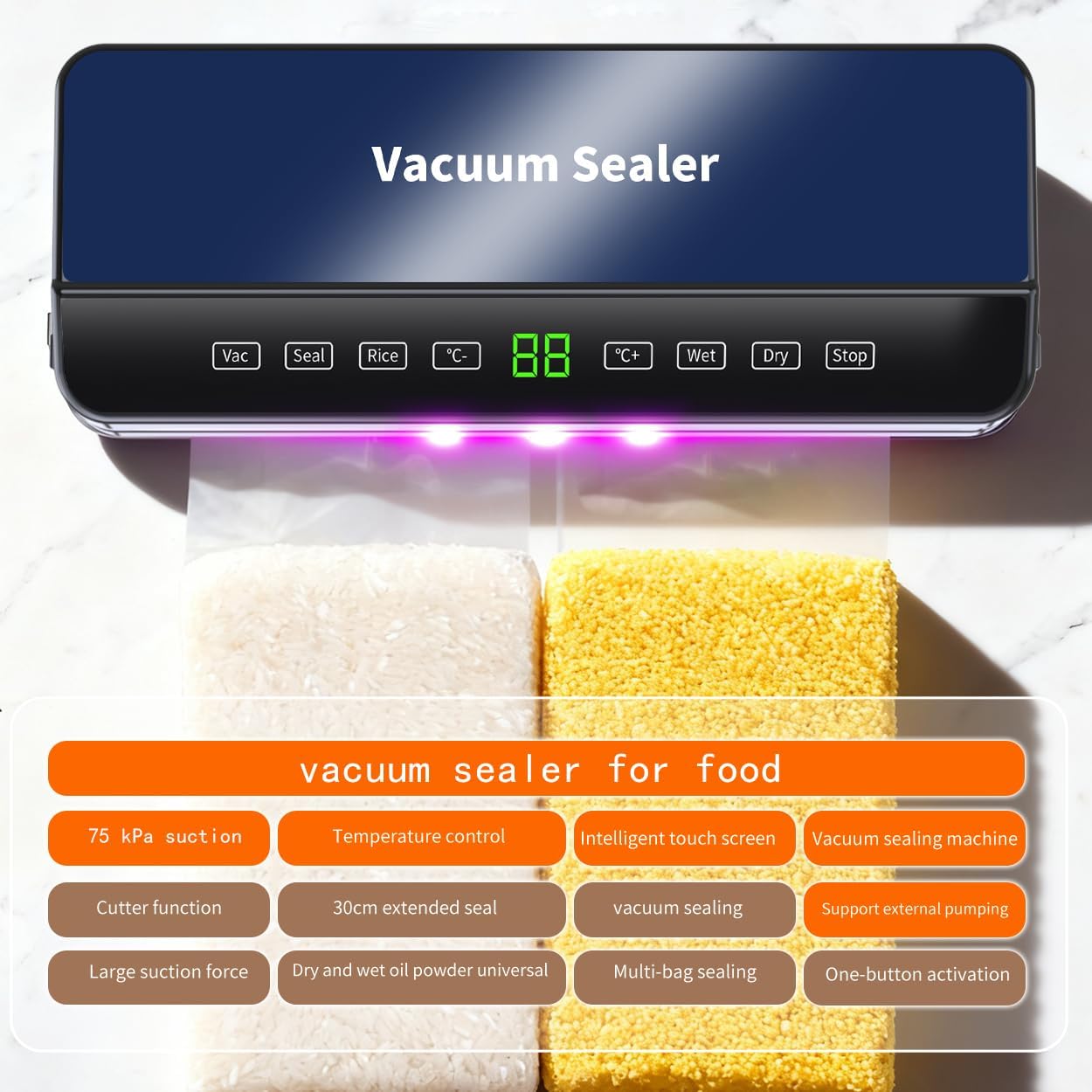 Food Vacuum Sealer Machine, 9-Level Temp Control & Built-in Cutter, Dry/Wet Stops Freezer Burn, Seals Meat/Leftovers/Sous Vide, Compact Home Kitchen (Black/Blue)