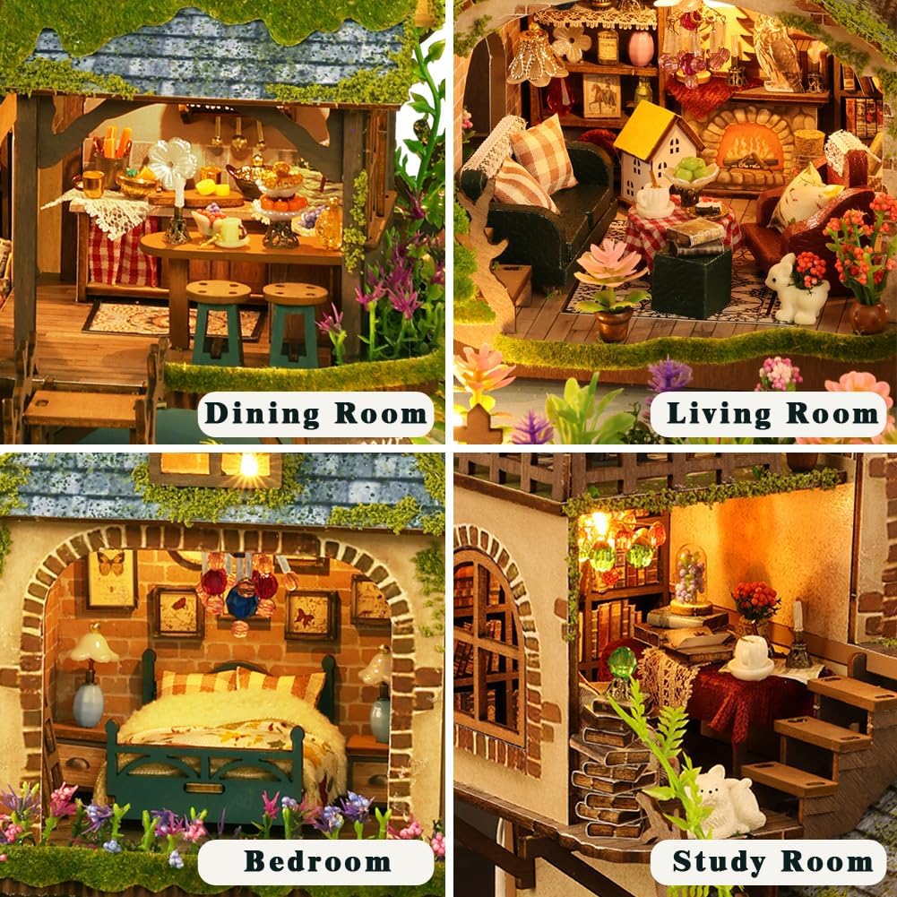 Yuzhen DIY Miniature Dollhouse with Furniture and LED Lights, Wooden Dollhouse Includes Dustcover and Music Movement