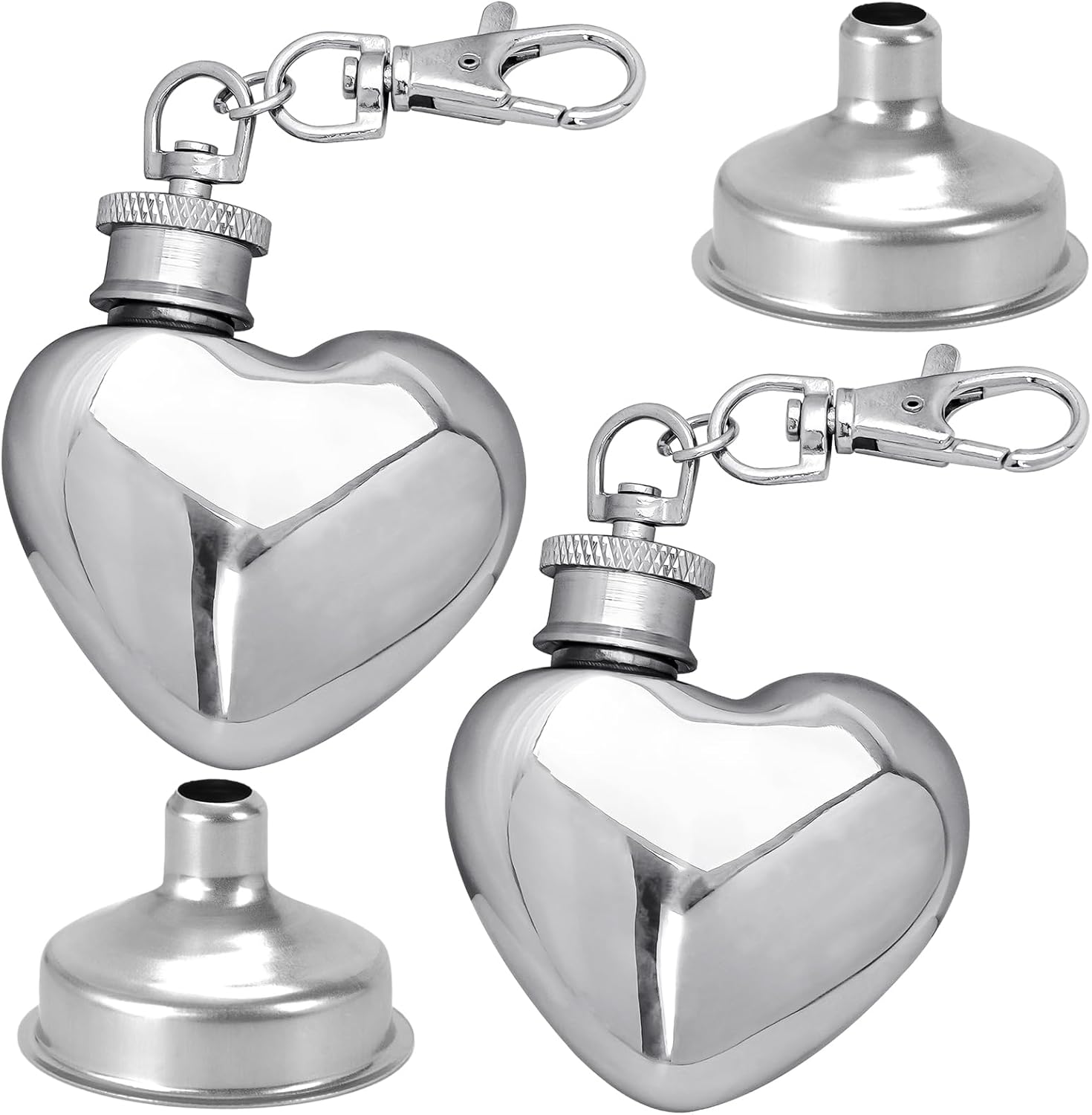 2Pcs 1 oz mini heart hip flask，30ml Multifunctton Pocket Mini Small Pocket Flask，heart Shaped Pocket Drinking Tubular Bottle，Portable Heart Shaped Flask for camping outdoor (2, Silver)