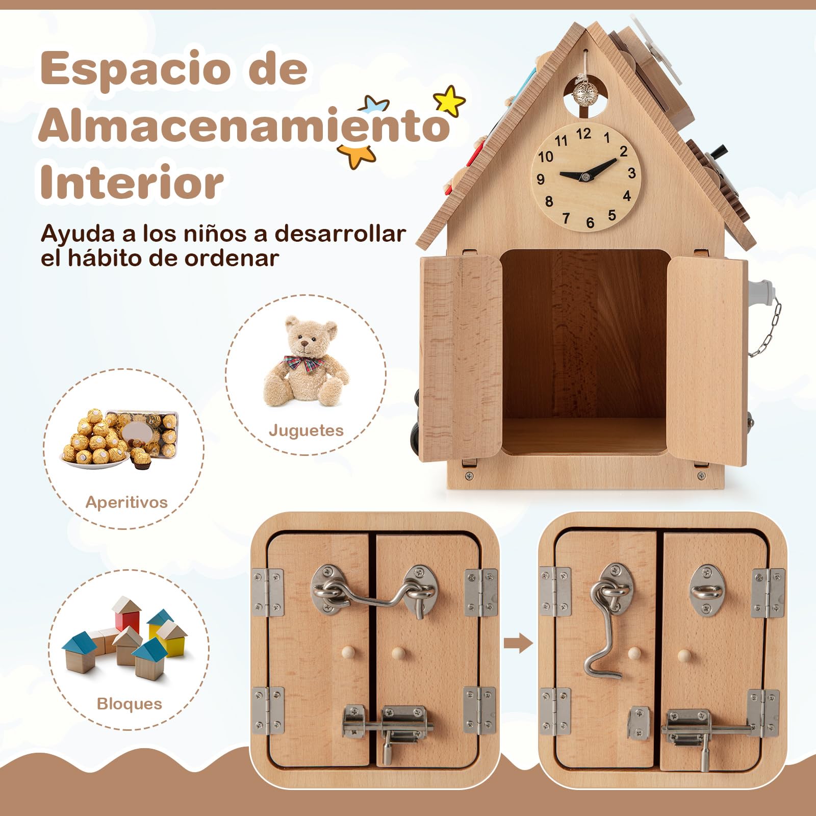 COSTWAY Casa de Juguetes de Madera, Casita de Actividades Multiusos con Juegos Sensoriales y Espacio de Almacenamiento Interior, Juguete Educativo para Niños y Niñas a Partir de 3 Años