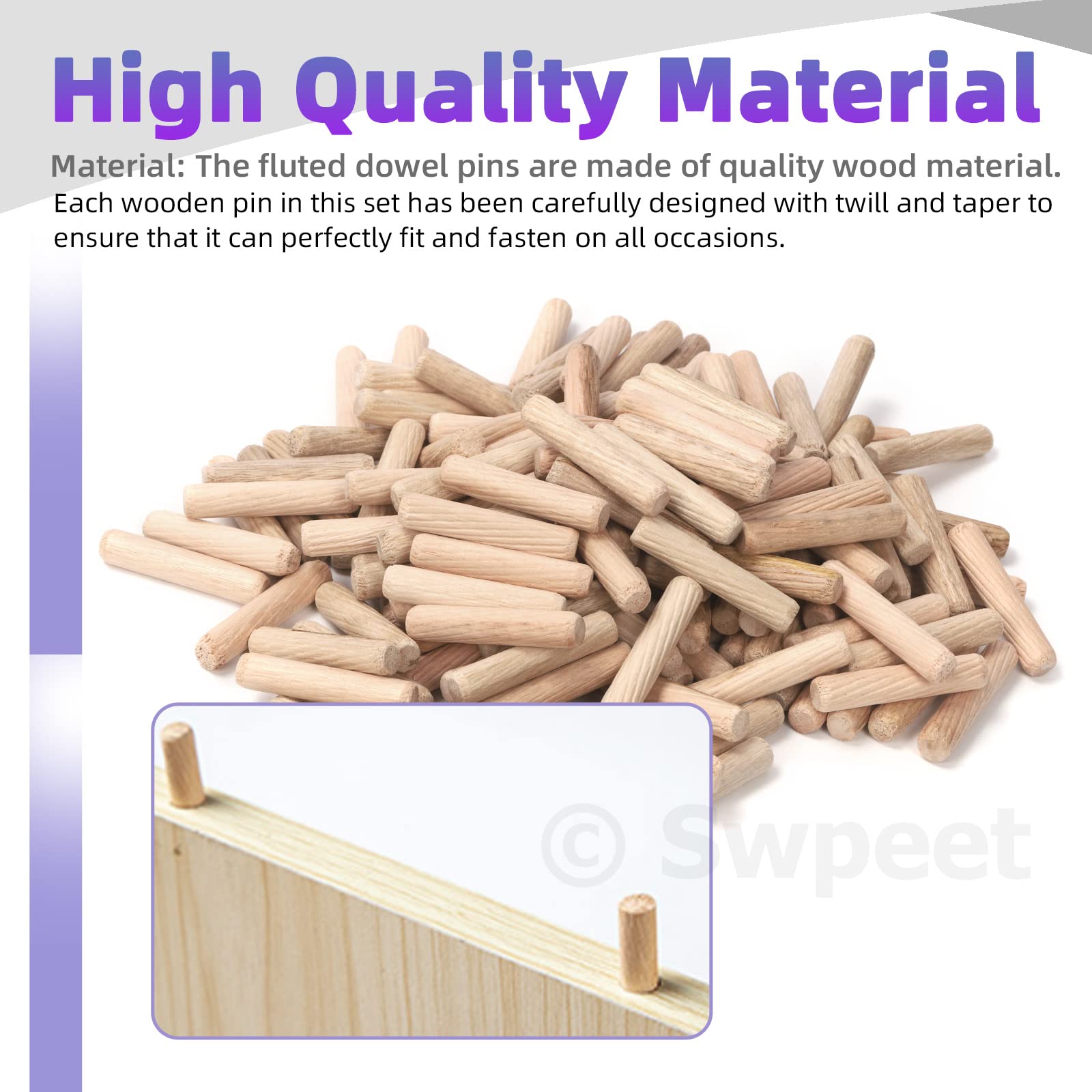 Swpeet 505 pezzi 4 misure 1/4" 5/16" 3/8" 1/2" perni di legno scanalati dritti con cilindro centrale tasselli in legno, kit assortimento, tasselli e tenoni centrali di trasferimento punto per mobili