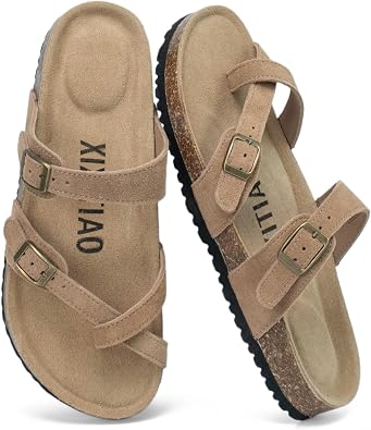 XIXITIAO Suede Sandals Womens with Arch Support, Cross Straps Flat Sandals with Adjustable Buckle, Cork Footbed Womens Slides Sandals with Memory Foam