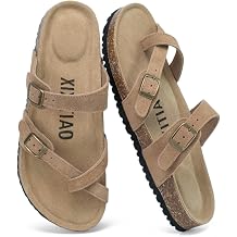 XIXITIAO Suede Sandals Womens with Arch Support, Cross Straps Flat Sandals with Adjustable Buckle, Cork Footbed Womens Slides Sandals with Memory Foam