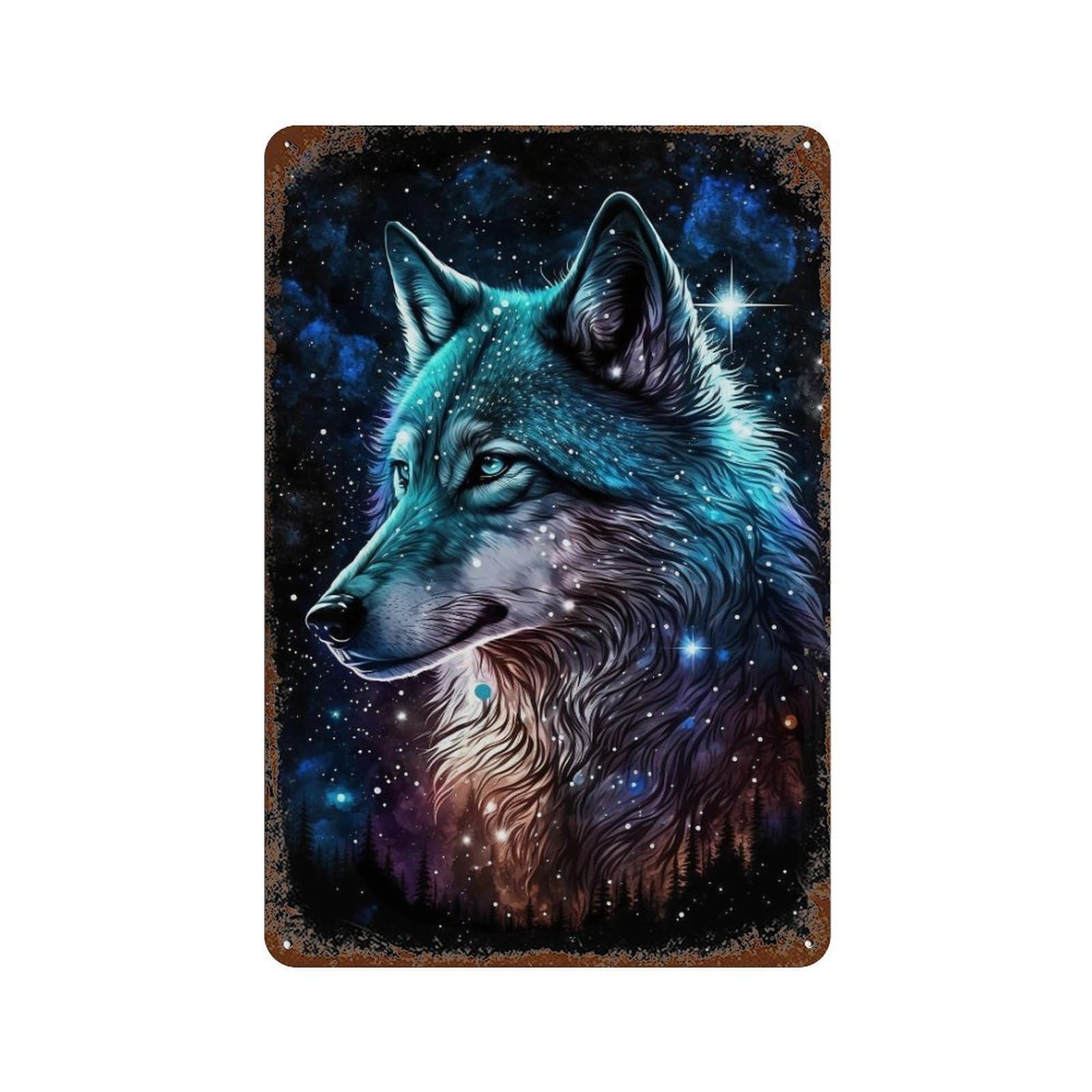 Galactic Wolf Art Print -1 11.8"x7.9" Vintage Rust Metal Sign, Novelty Wall Decor for Living Room, Hallway And Home Decor