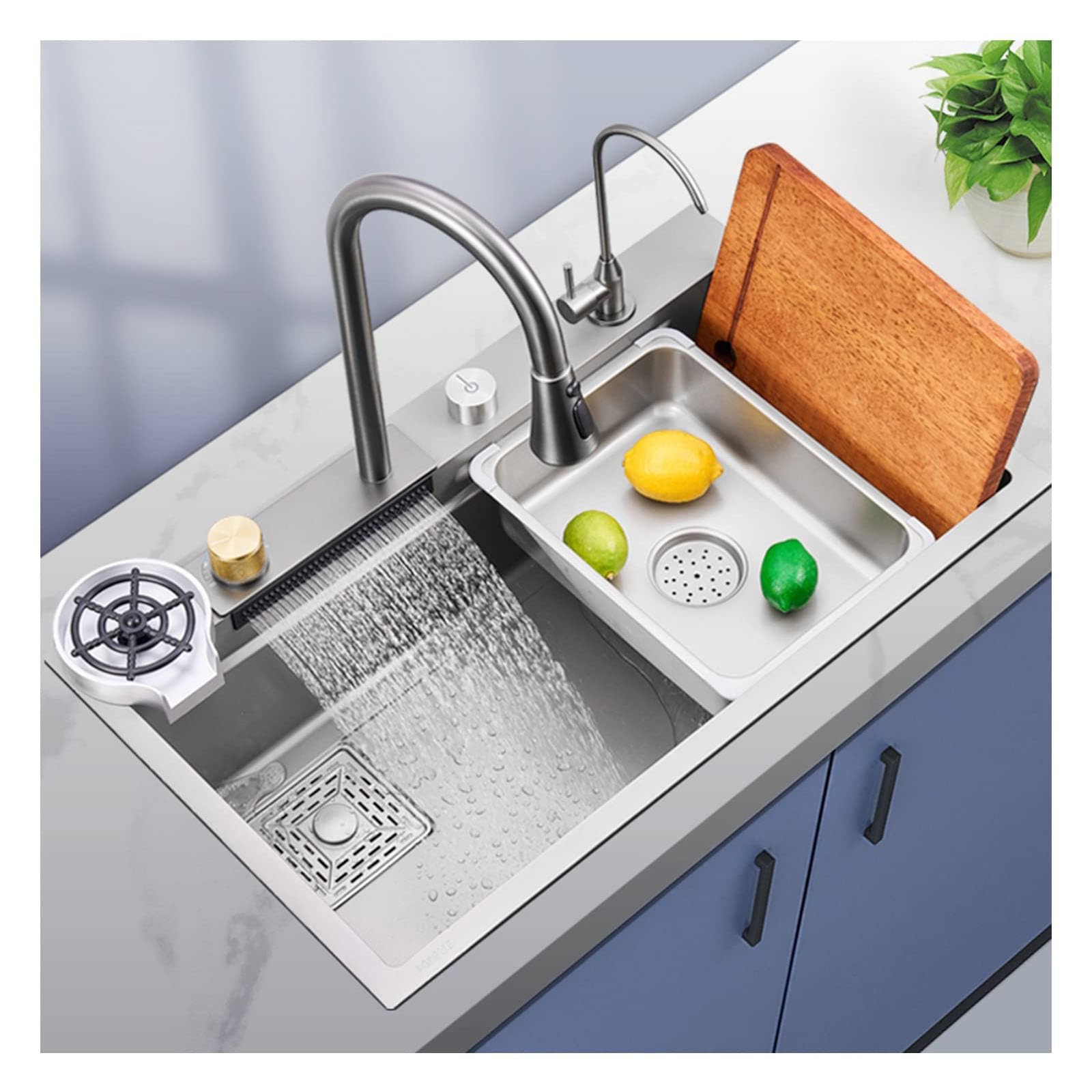Évier de cuisine en acier inoxydable 304 à cuve unique avec robinet cascade et lave-gobelet
