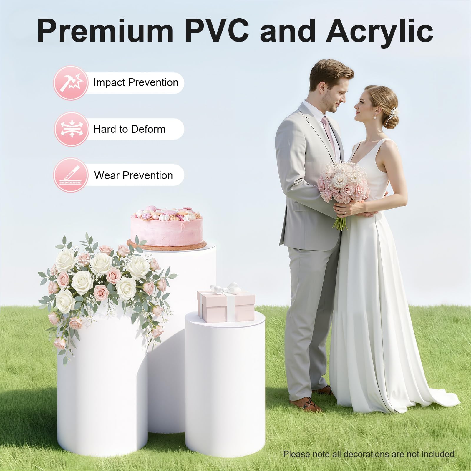 Set di 3 piedistalli cilindrici in PVC bianco e acrilico, robusto supporto per torta nuziale, durevole, impilabile, grande portata fino a 29 kg, ideale per matrimoni, feste ed eventi