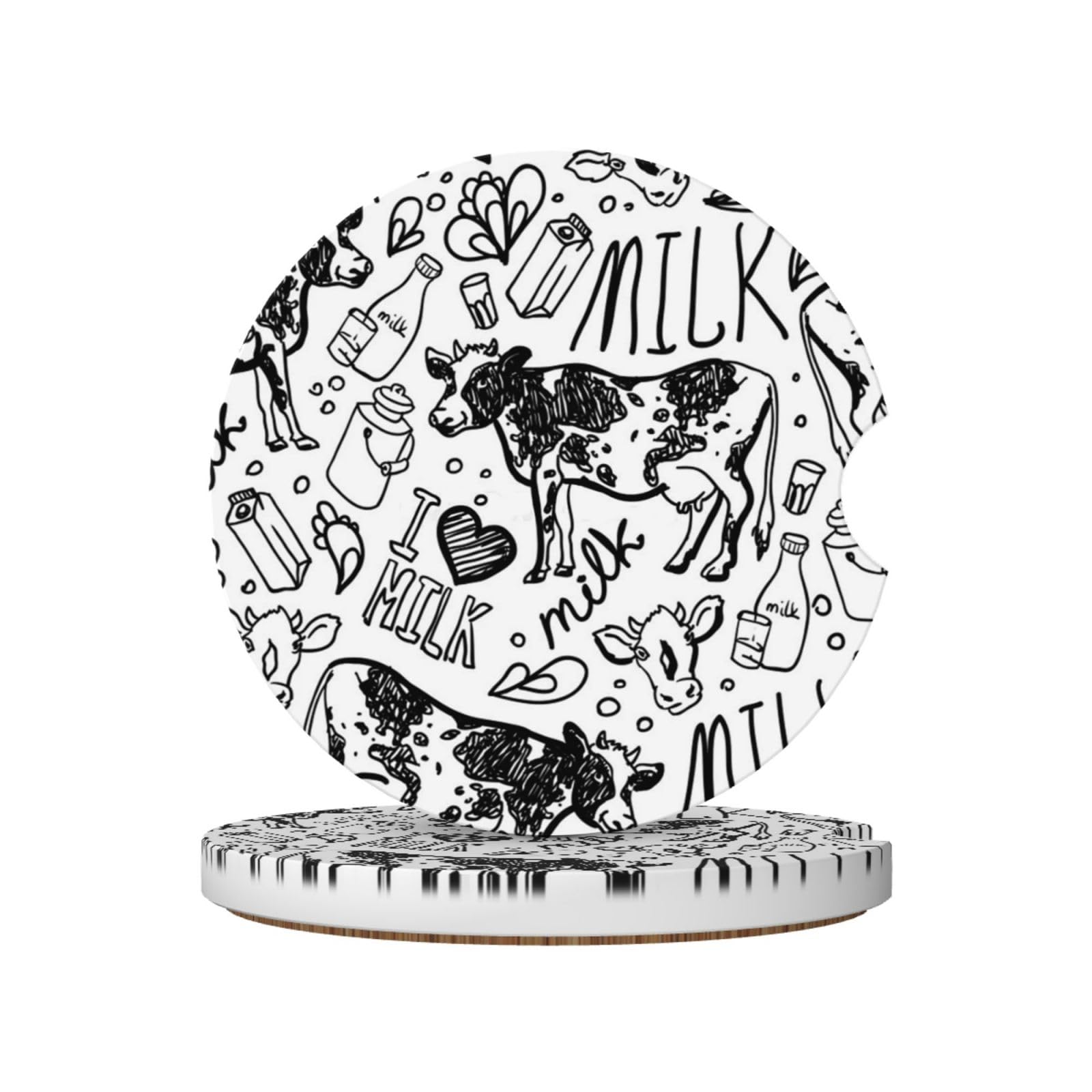 Hand Draw Cow And Milk, Car Cup Holder Coasters 2 Pack, Absorbent Ceramic Car Coasters with Non Slip Cork Base