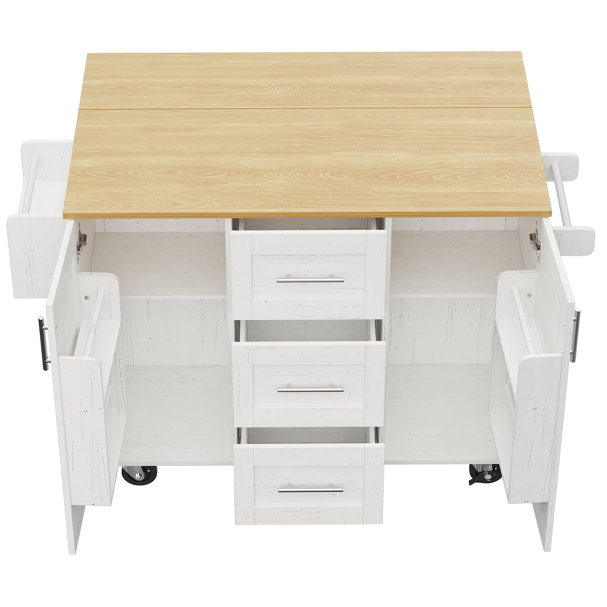 KAZZIO Isla de cocina, separadores extraíbles, ruedas extraíbles como armarios de cocina, carrito de comedor con encimera, armario buffet, carrito de comedor con vetas de madera, con ruedas (blanco)
