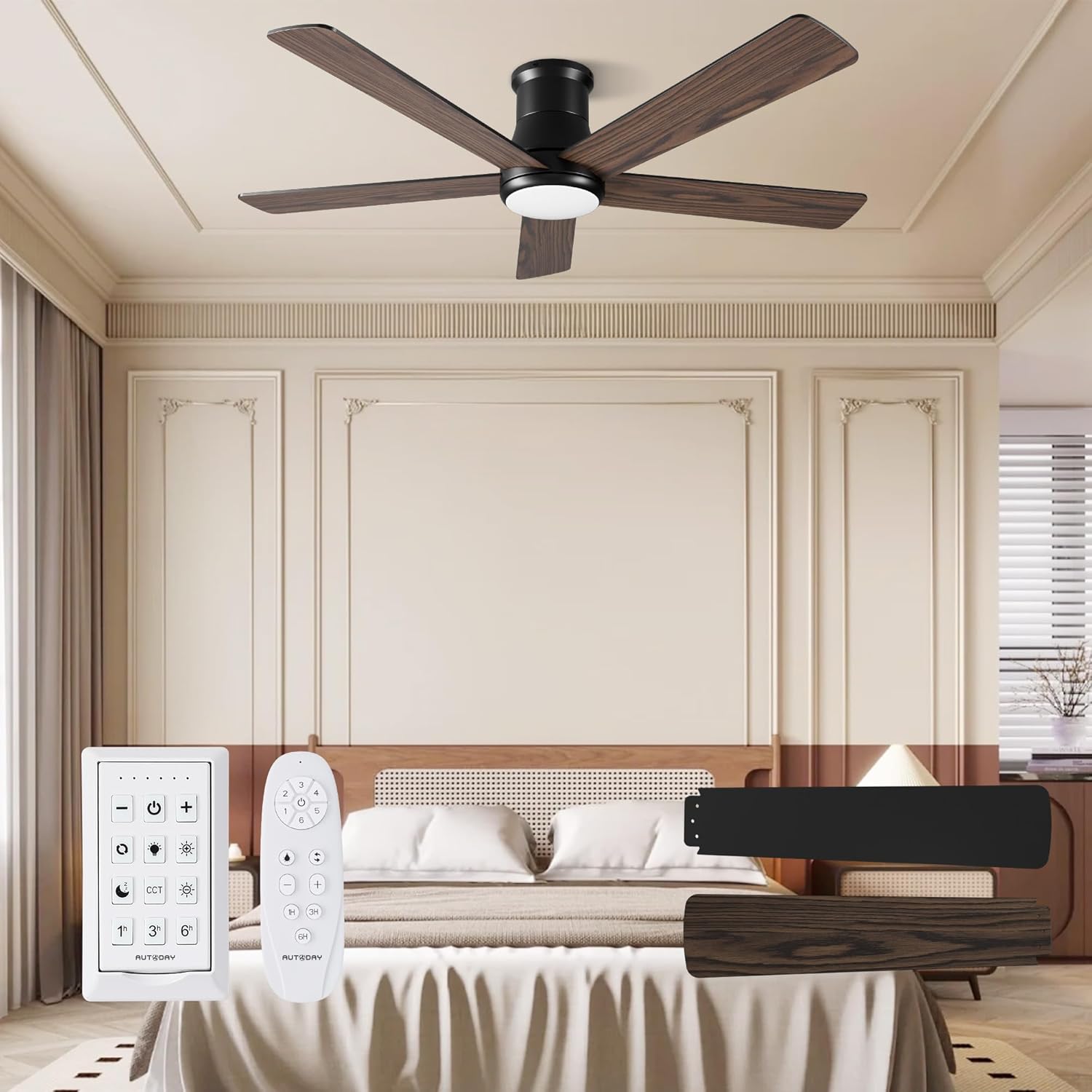 52 Inch Low Profile Ceiling Fan with Light, Black Flush Mount Ceiling Fans with Lights and Remote, 6 Speeds Reversible Quiet DC, 3CCT Dimmable, Indoor Outdoor Ceiling Fans for Patios Bedroom - Image 9