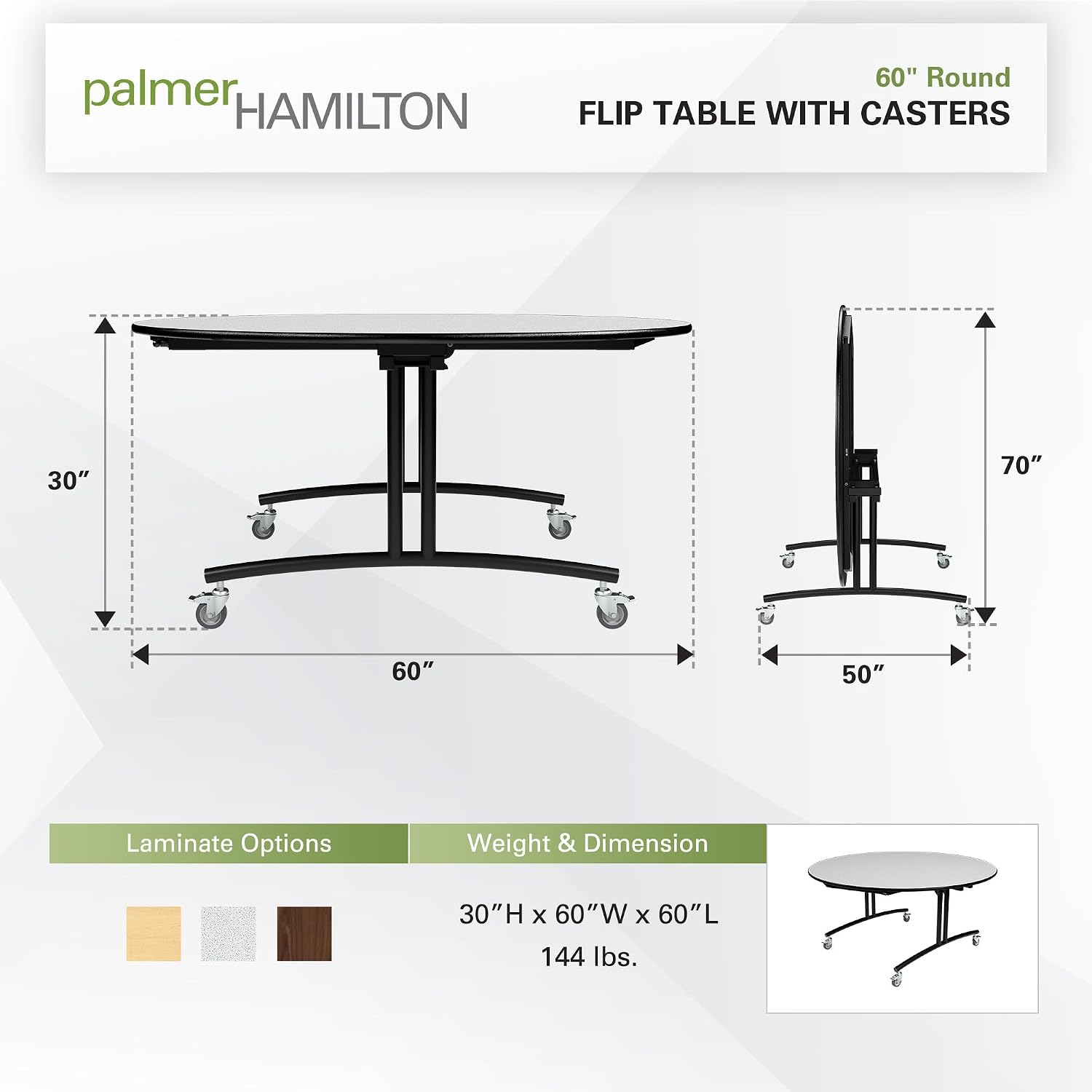 Palmer Hamilton Mobile Flip Top Table, 60" Round Table with Casters, Commercial Grade, Durable & Space-Saving for Office, School, Breakroom, Cafeteria, Conference Room, Easy to Store, Made in The USA