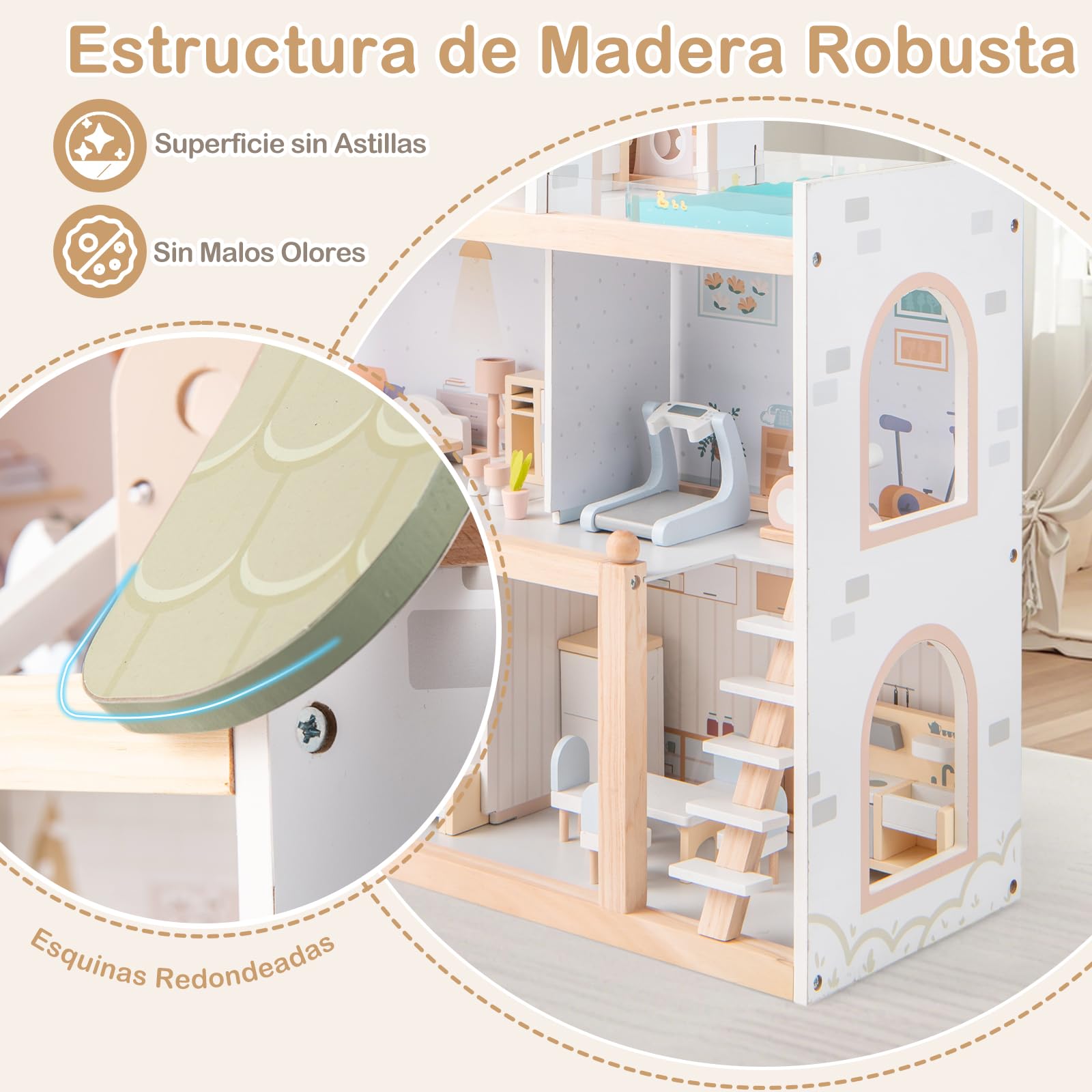 GOPLUS Casa de Muñecas de Madera para Niños, Casa Moderna de 4 Pisos con 33 Accesorios de Muebles, 6 Habitaciones, Balcón con Piscina, Juguete de Juego de Simulación para Niños de 3+ Años