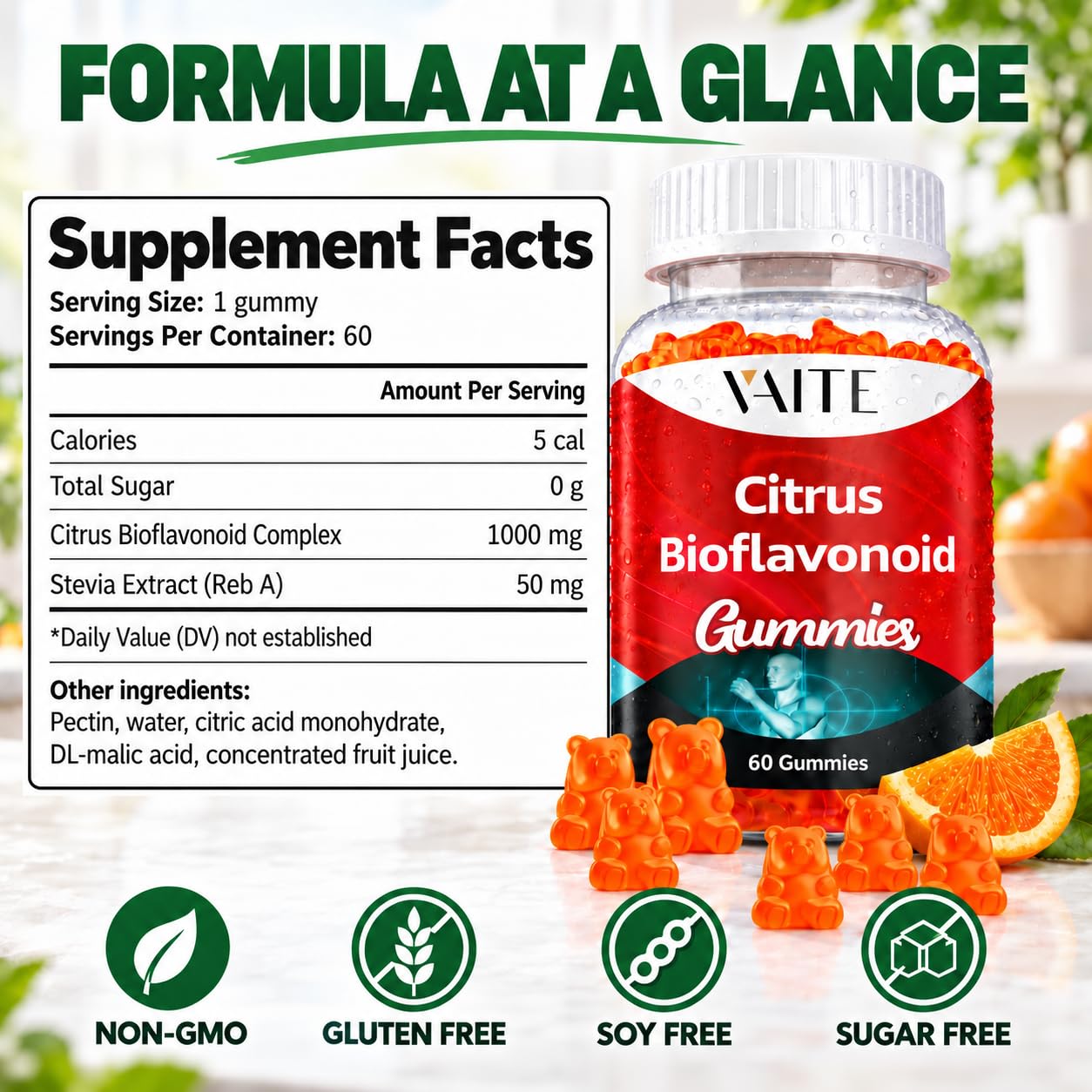 VAITE Citrus Bioflavonoid Complex Supplement 1000mg – Antioxidant Properties, Citrus-Derived Bioflavonoids, Sugar-Free Chewable Formula, Non-GMO, Gluten-Free, Soy-Free, Daily Use, 60 Gummies — Amazon image 3