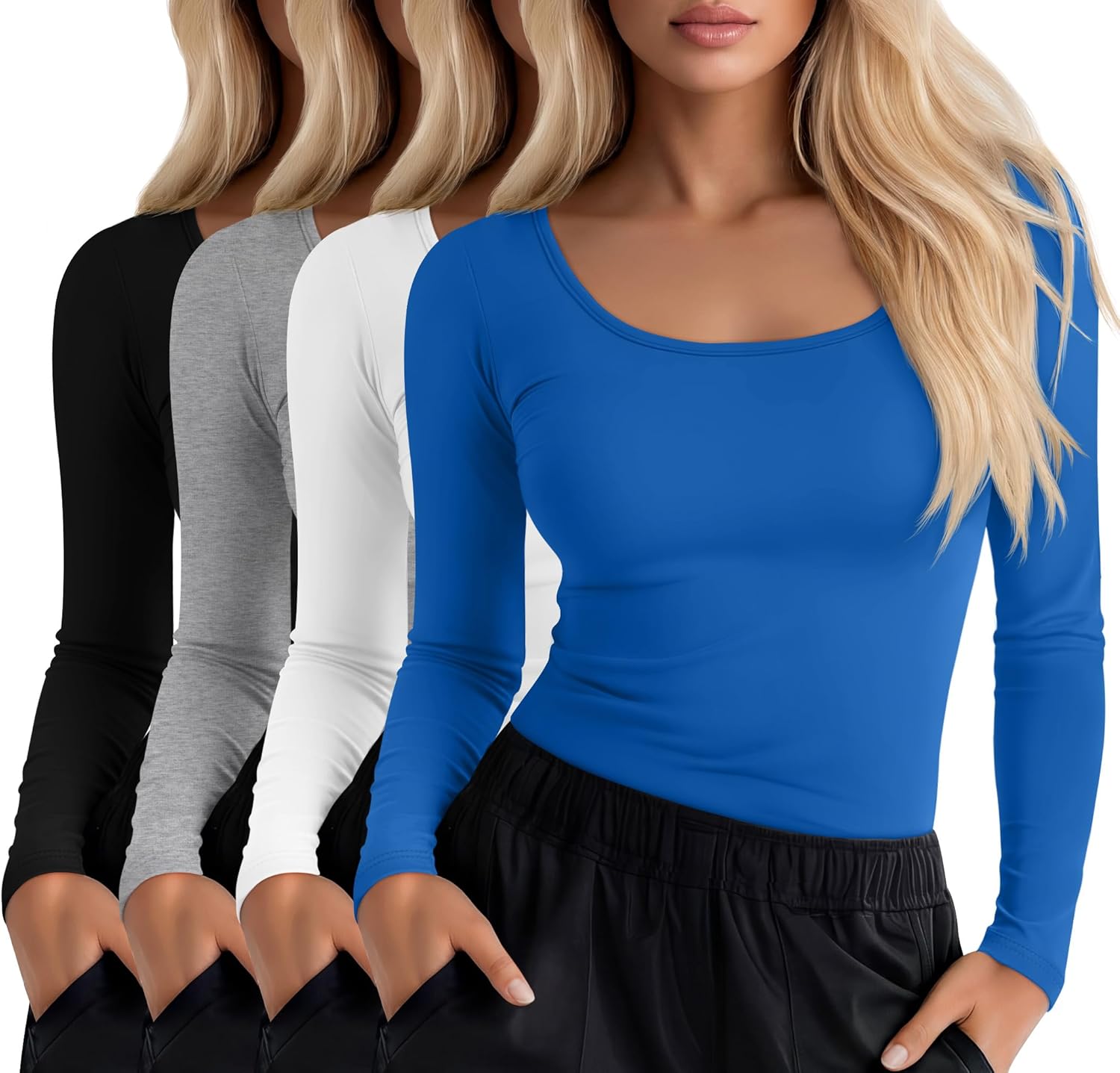 4 Pack Women's Underscrub T-Shirts, Long Sleeve 65% Cotton Tees Slim Fit Scrub Tops Scoop Neck Basic Layer Shirts