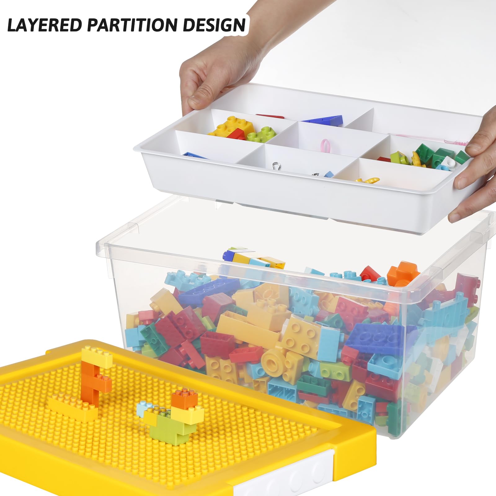 Greentainer Aufbewahrungsbox Spielzeug mit Deckel & AbnehmbaresTablett,3er Spielzeug Box aus PP,Aufbewahrungskorb Kinder,Spielzeugkiste für Kinderzimmer Aufbewahrungsbehälter für Blöcke(Gelb)