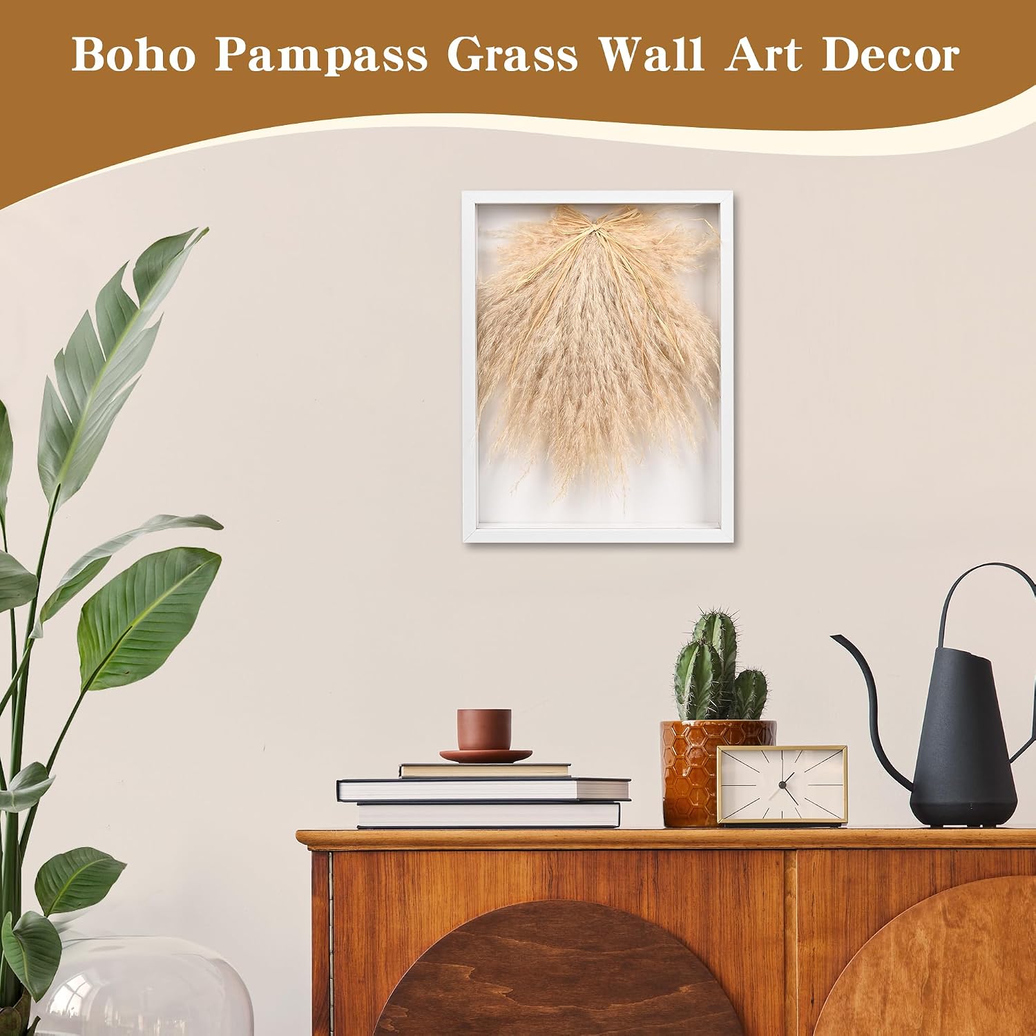 YZXZM Dried Pampas Grass Decorations for Boho Wall Art Decor in 16" Frame (Beige)