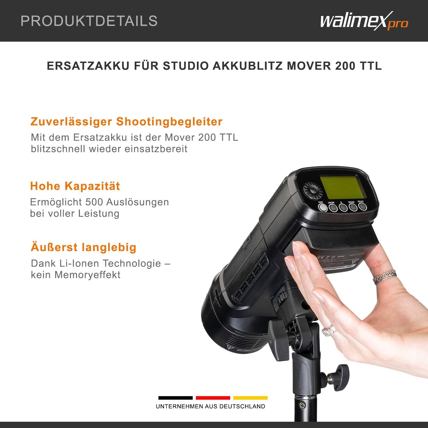 Walimex pro Mover 200 TTL flash unit with battery inserted