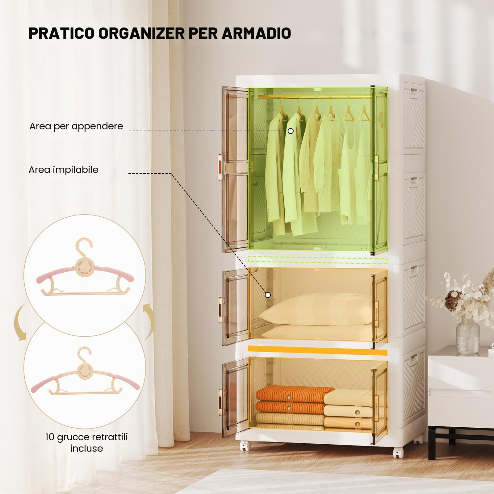 GIANTEX Scatola portaoggetti in plastica, 421 l, contenitore pieghevole con coperchio, ruote, 10 grucce maniglie, armadio con indumenti per camera da letto, lavanderia, cabina armadio guardaroba