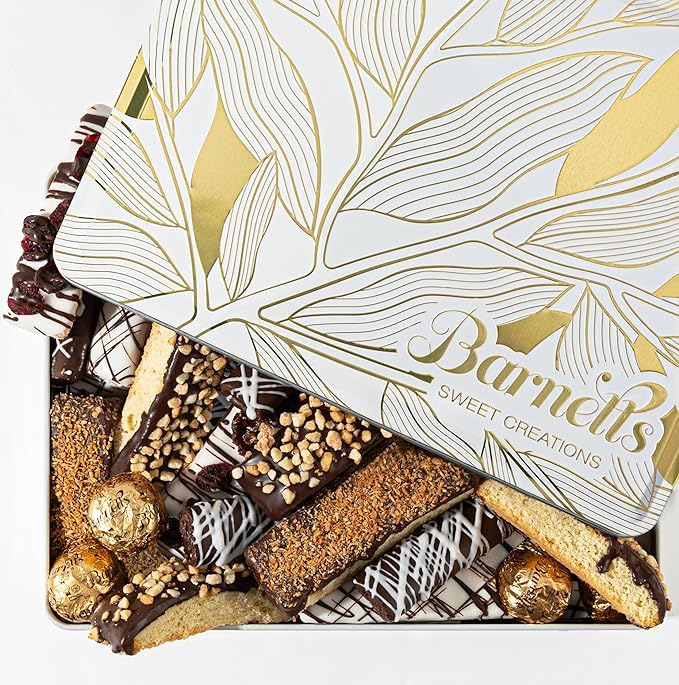 Christmas Gift Basket with Biscotti Cookies & Chocolate Truffles, Holiday Cookie Gift Tin Ideas for Women, Food Delivery for Coworkers, Family & Friends