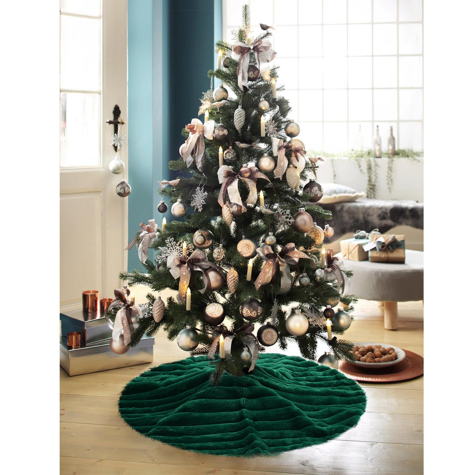 2 Mini Gonne Per Albero Di Natale In Finta Pelliccia Verde – Diametro 38 Cm, Morbide E Riutilizzabili Con Corde Annodabili