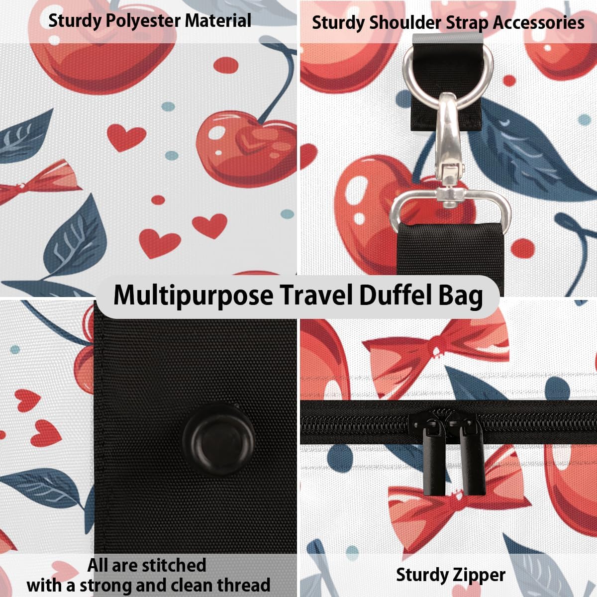 Watercolour Cherry Heart Travel Duffel Bag for Women Men Large Capacity Overnight Weekender Bags for Lightweight Waterproof Sport Gym Bag for Workout Yoga Swim
