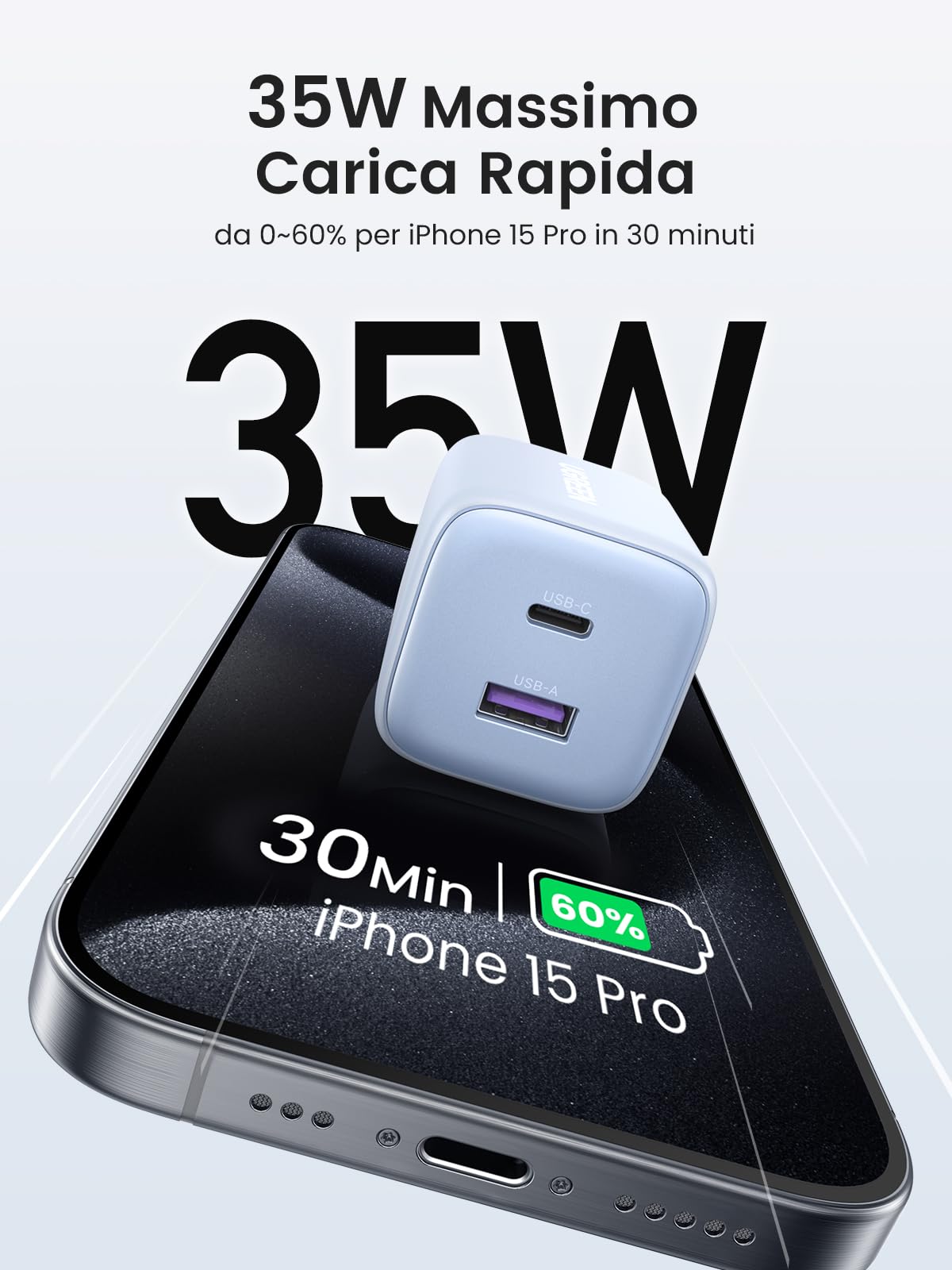 UGREEN Nexode 35W Caricatore USB C GaN, Caricatore USB A 22.5W Compatibile con Galaxy S24 Ultra/ S23 Ultra/ S22 Plus/ S21, Pixel 8 7 6, iPhone 16/15/14/13, iPad Pro/Air/Mini, MacBook Air M2 Blu