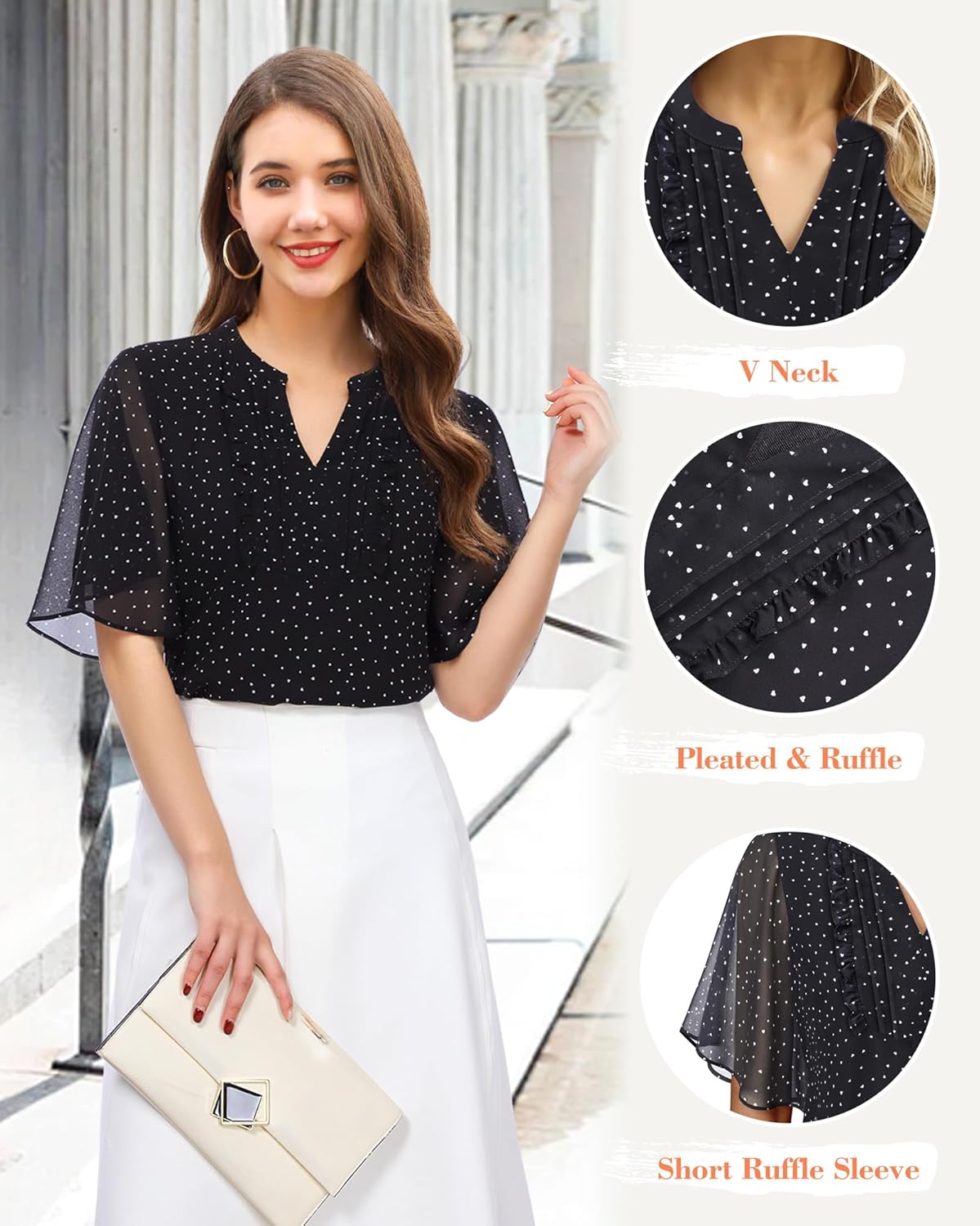 Furnex Womens Blouses Chiffon Ruffle Short Sleeve Tops Summer Pleated V Neck Casual Work Tops - Image 5