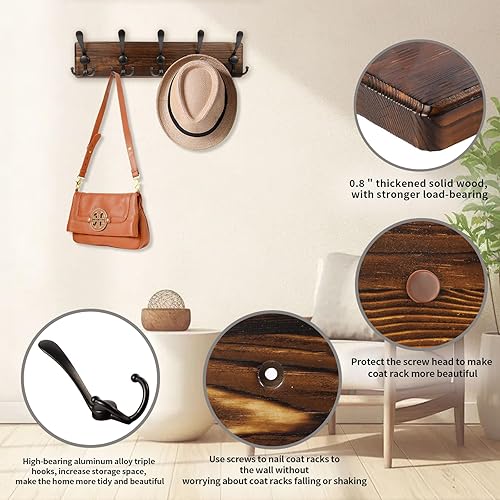 Miniatura 4 de Perchero de pared rústico para sombreros de 16.8 pulgadas con 5 ganchos triples para colgar abrigos, bolsos, toallas