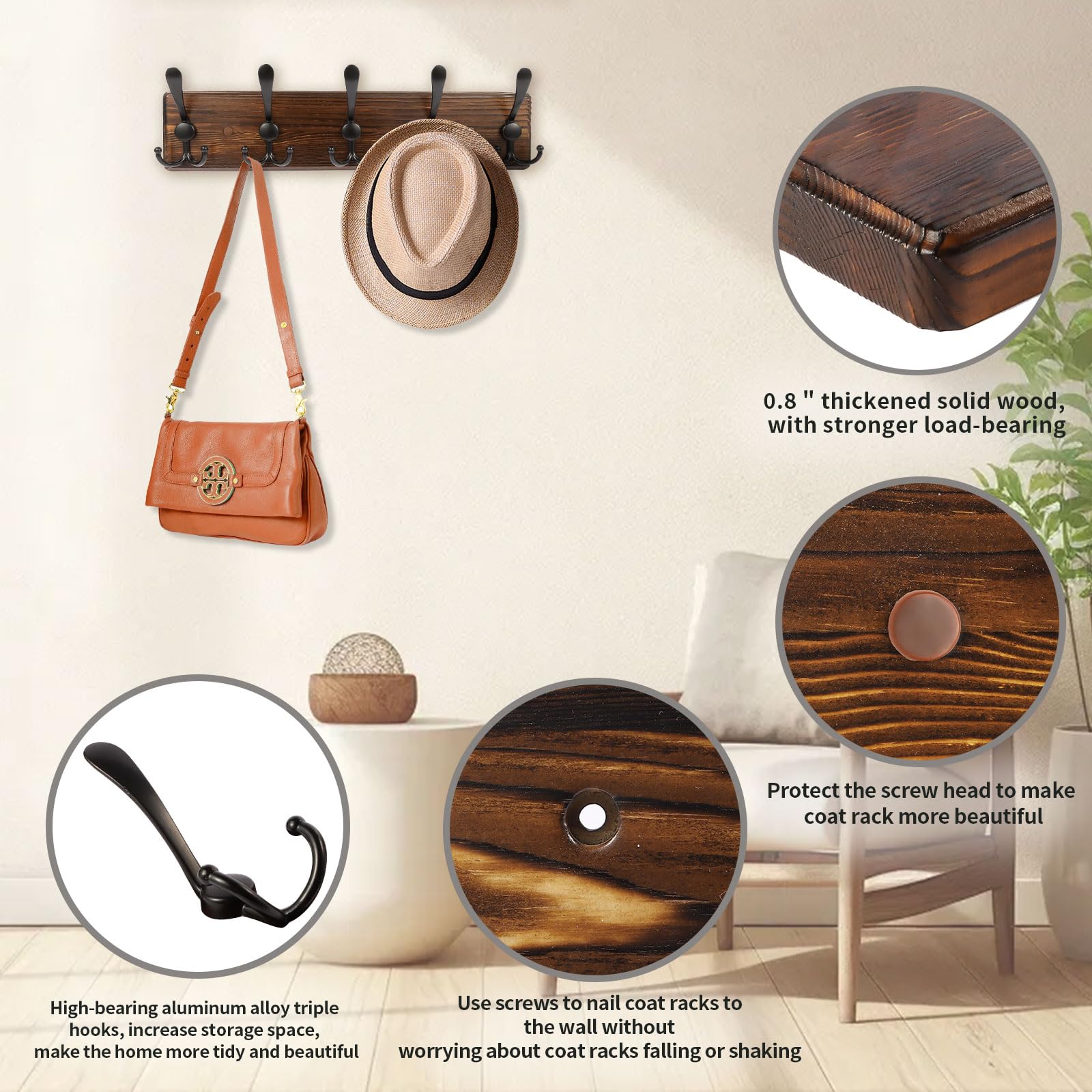 Homagic Perchero de pared de 16.8 pulgadas, rústico para sombreros con 5 ganchos triples, ganchos de pared para colgar abrigos, bolsos, toallas