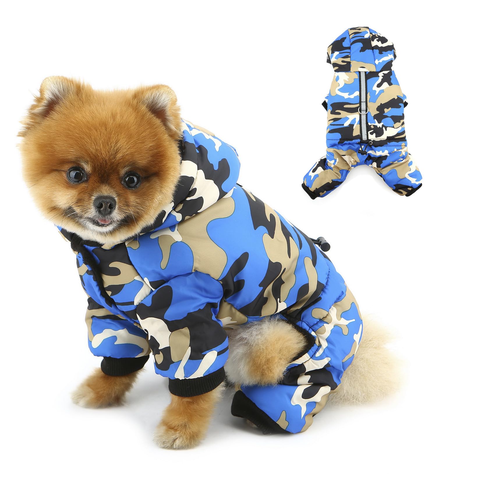 PAIDEFUL Camouflage Dog Snowsuit with Hood, Fleece Lined 4-Leg Padded Winter Jumpsuit, Waterproof Windproof Thermal Puppy Coat with Reflective Stripe and Lead Ring for Small Dogs Cats,Blue,XL