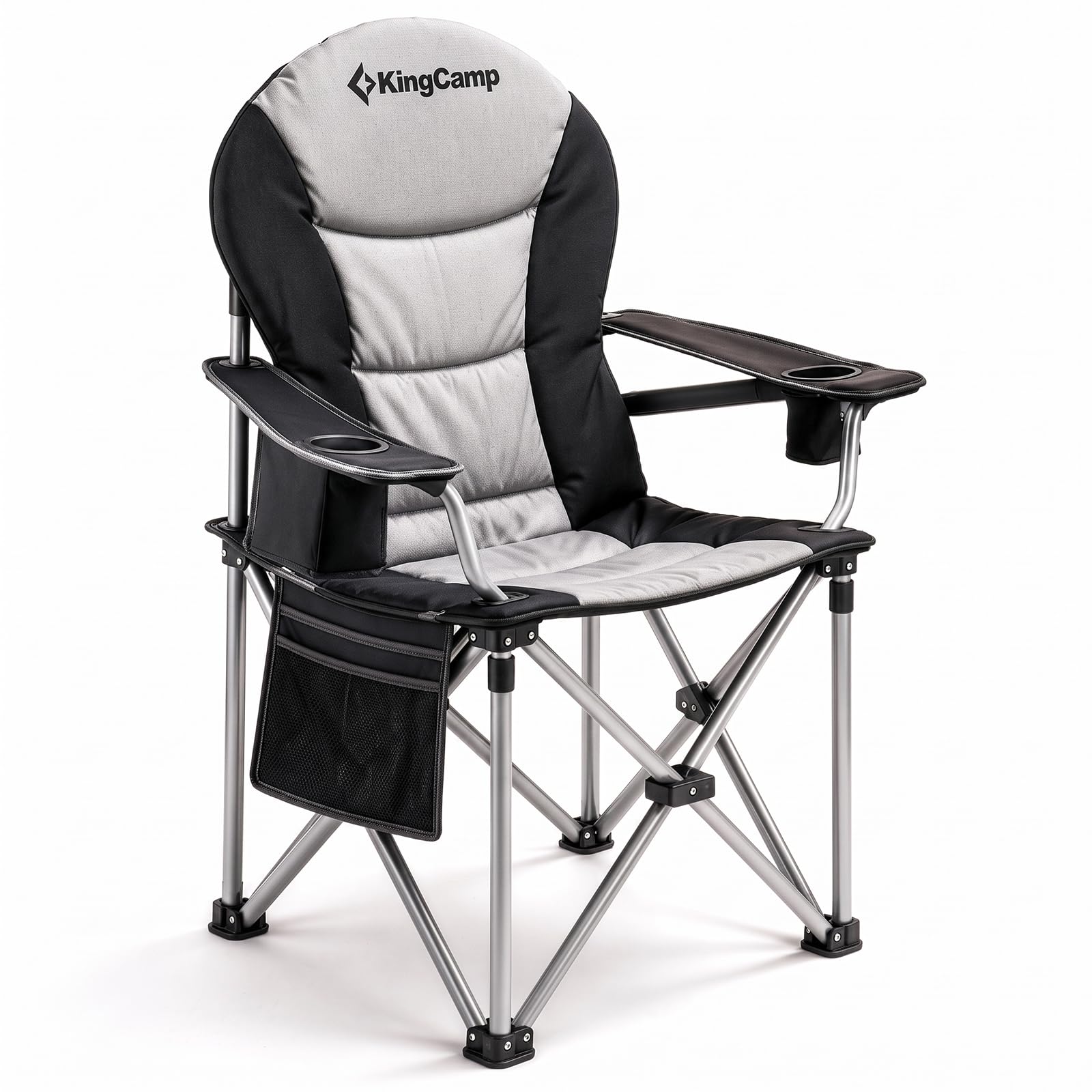 KingCamp Campingstuhl Faltbar Ergonomisch Gepolstert XXL bis 250kg Schwarz | Klappstuhl mit Verstellbarer Lendenwirbelstütze, Kühltasche für Camping, Garten, Angeln & Festival