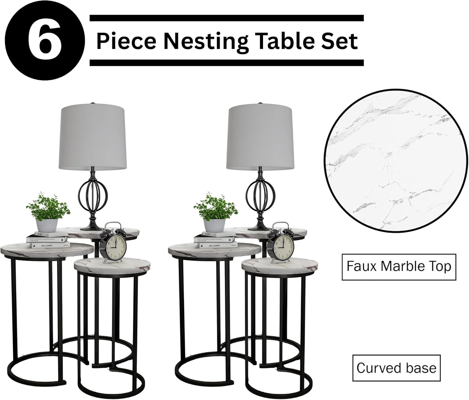 Lavish Home Nesting Tables - Set of 6 Space-Saving Round Side Tables with Faux Marble Tops – Modern Apartment Furniture Accent & End Table Set for Living Room, Bedroom, or Home Office (White)