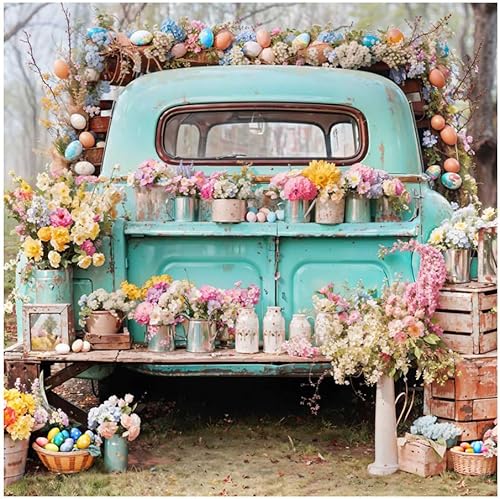 Kate 8x8ft Feliz Día de Pascua Huevos Coloridos Fondos de fotos para fotografía Campo Verde Retro Pickup Truck Primavera Mixcolor Flores Decoración