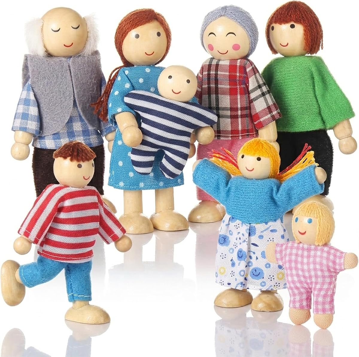 Wooden Doll House People of 8 Figures, Dolls Family Set for Girls Toddler Kids Dollhouse Accessories Toy