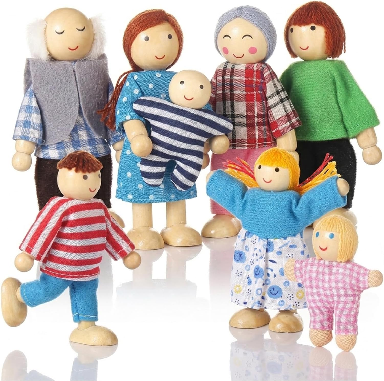 Jzszera Wooden Doll House People of 8 Figures, Dolls Family Set for Girls Toddler Kids Dollhouse Accessories Toy