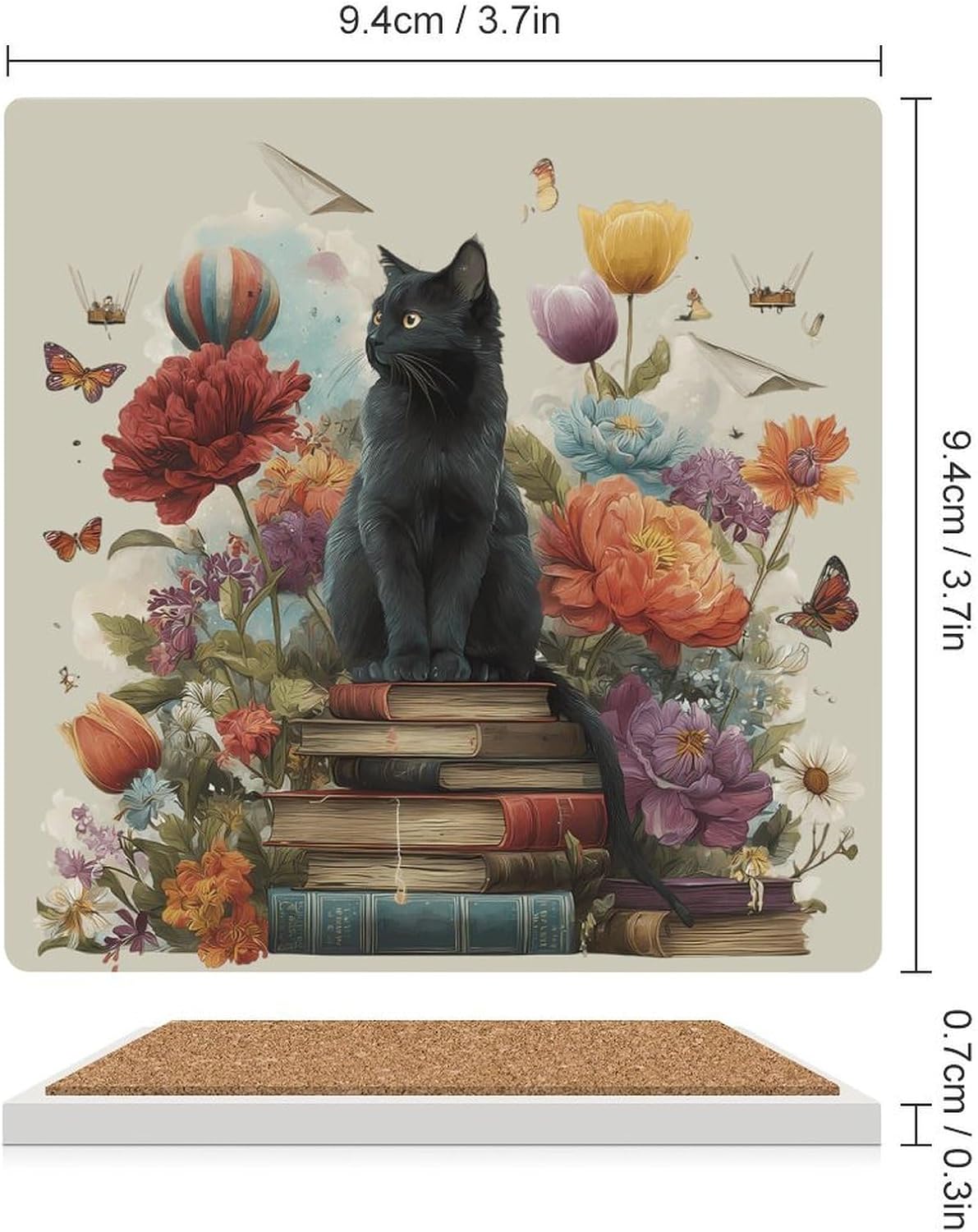 Book Cat Coaster for Drinks Square Ceramic Table Coasters Stone Mat Crafts 4PCS Home Kitchen Decor
